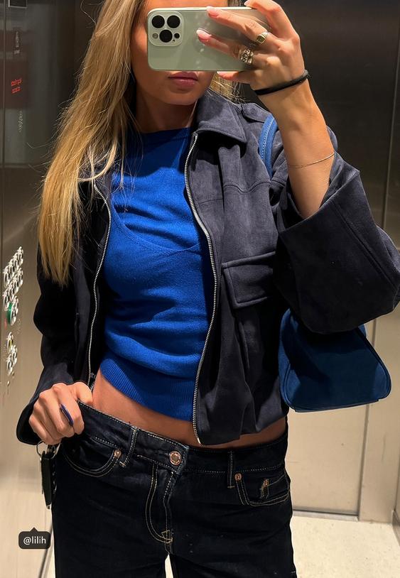 Stradivarius Short-Sleeved Knit Jumper With Overlay Electric Blue M