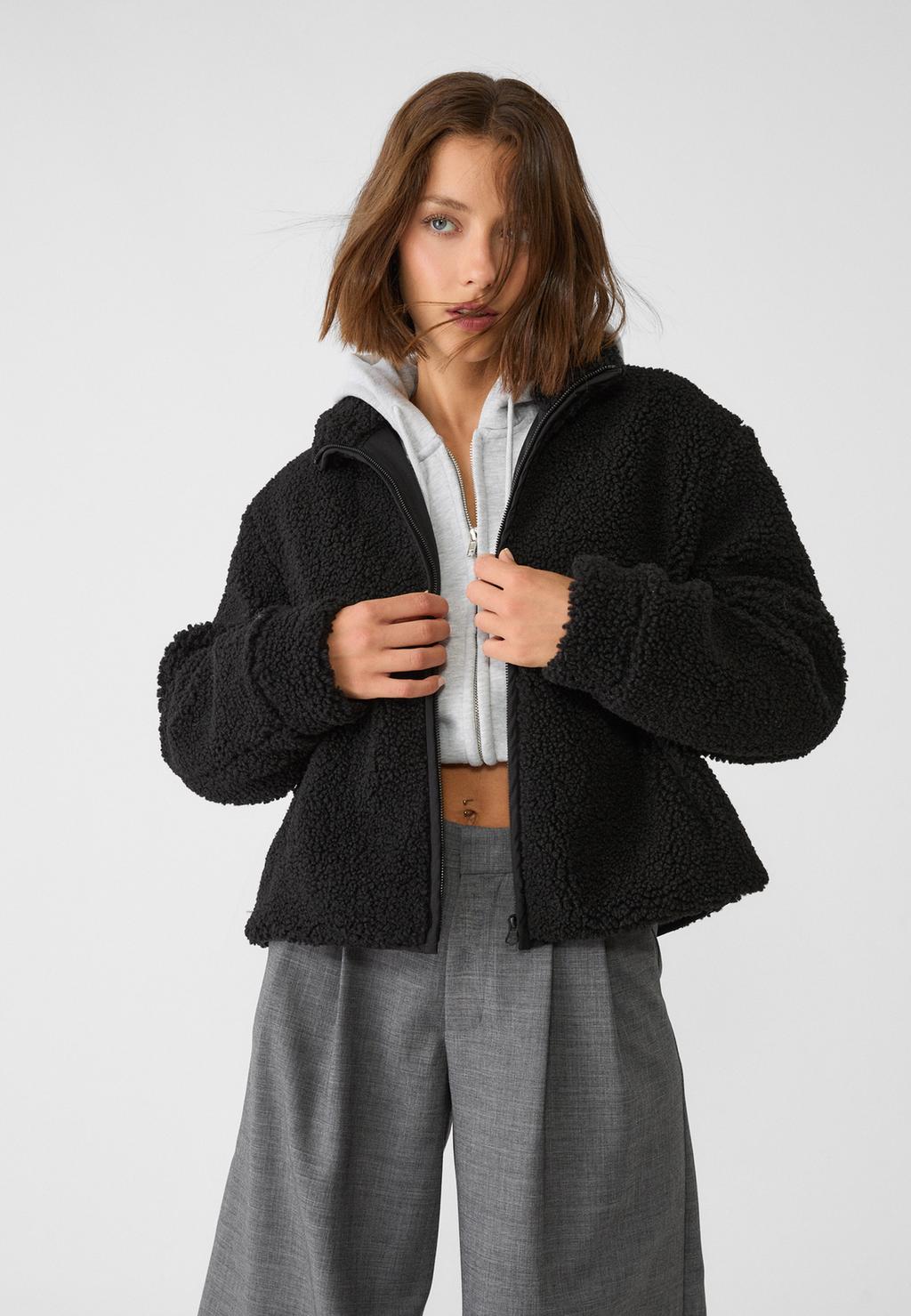 Zip-up faux shearling jacket