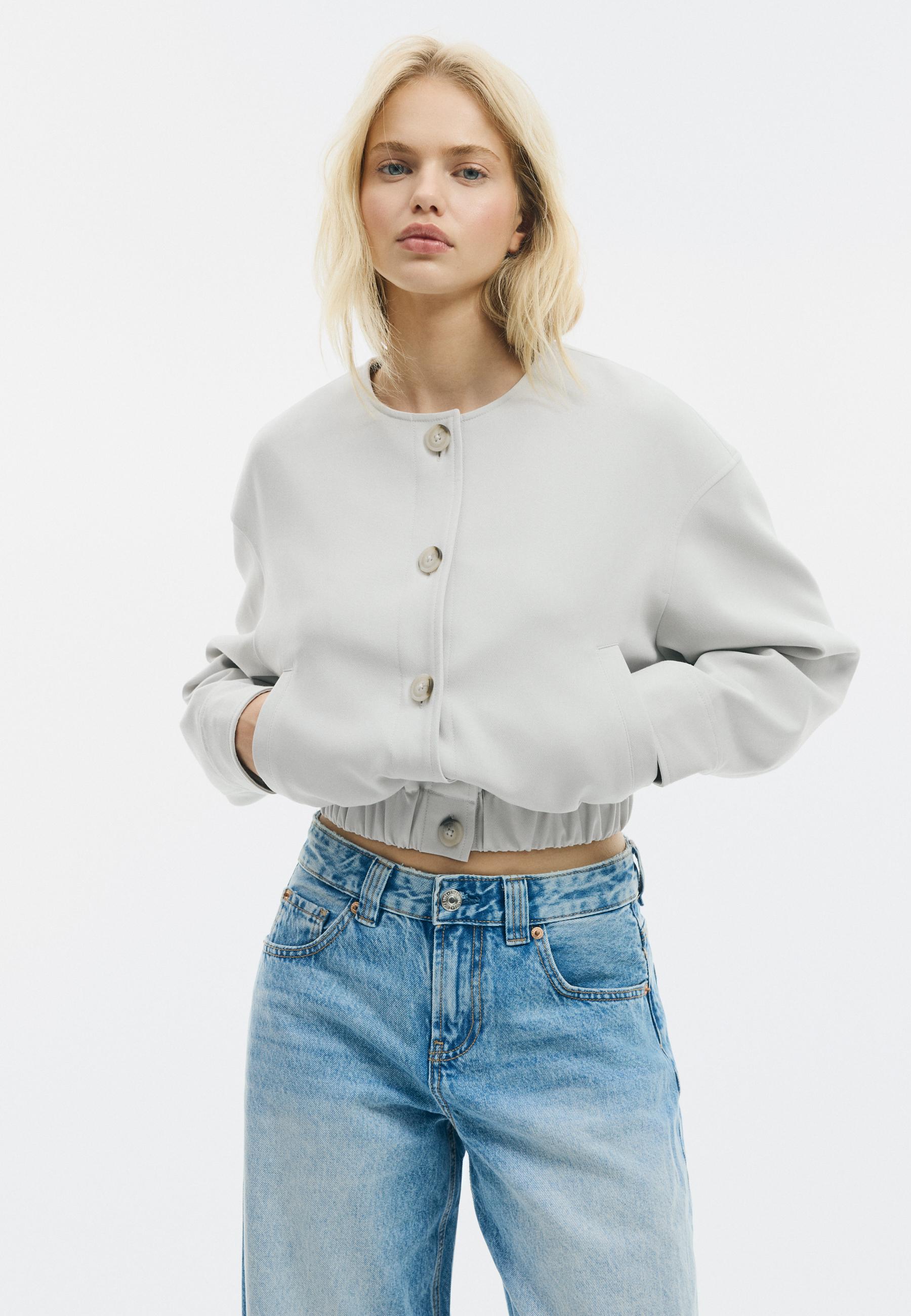 Puff sleeve round neck jacket — Ecru