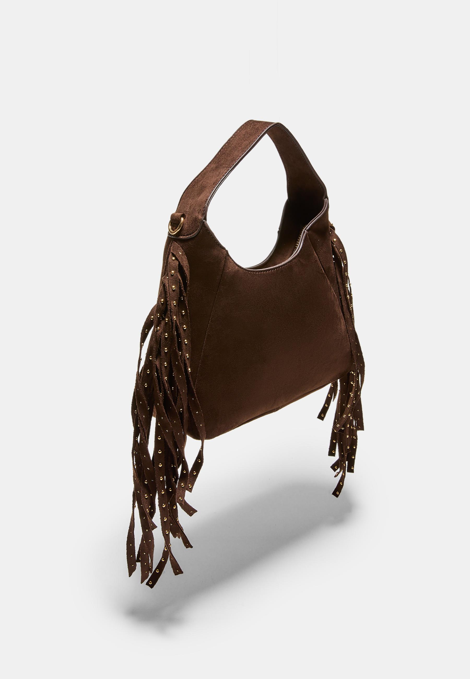 Shoulder bag with side fringes — Brown