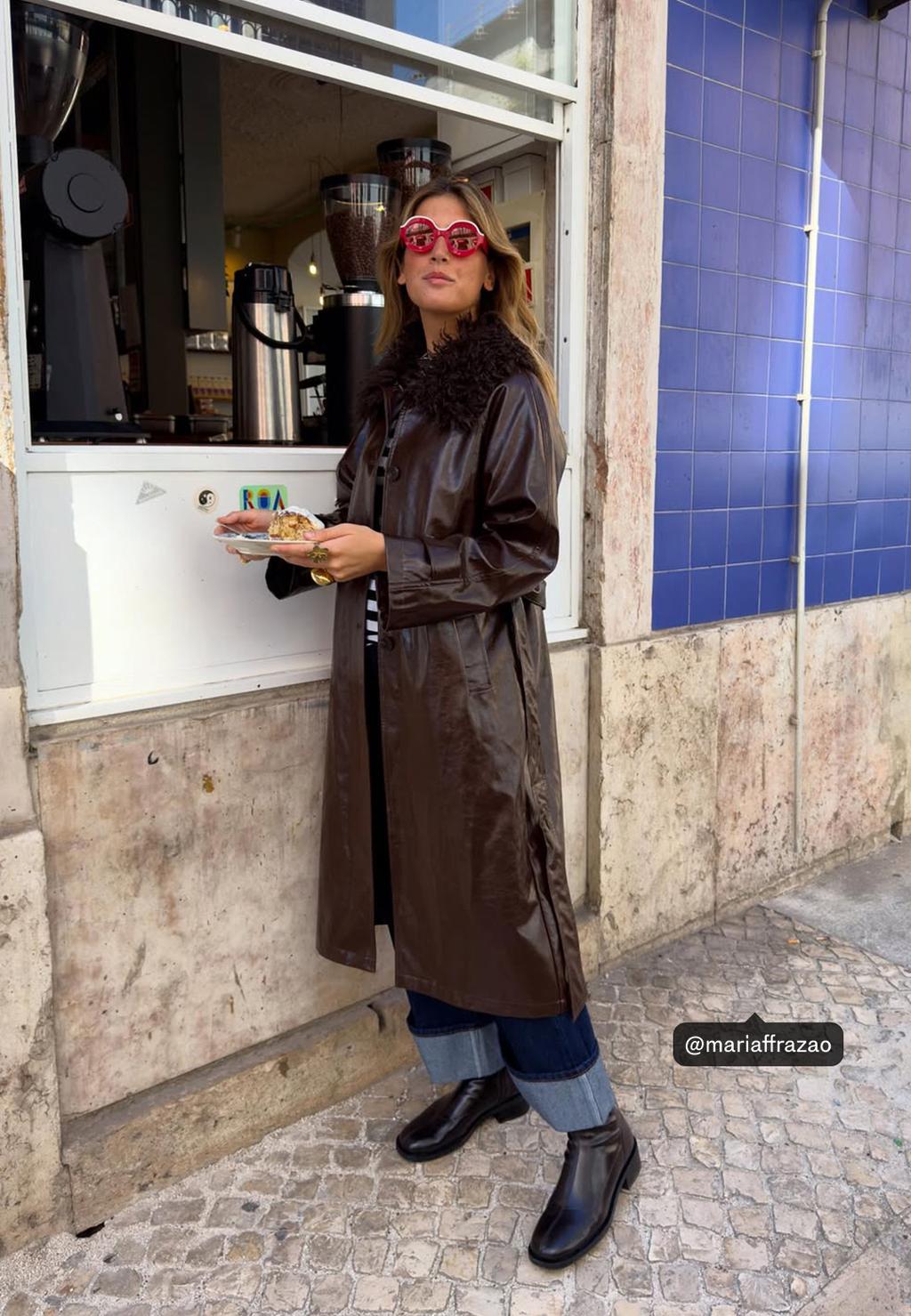 Long faux leather trench coat