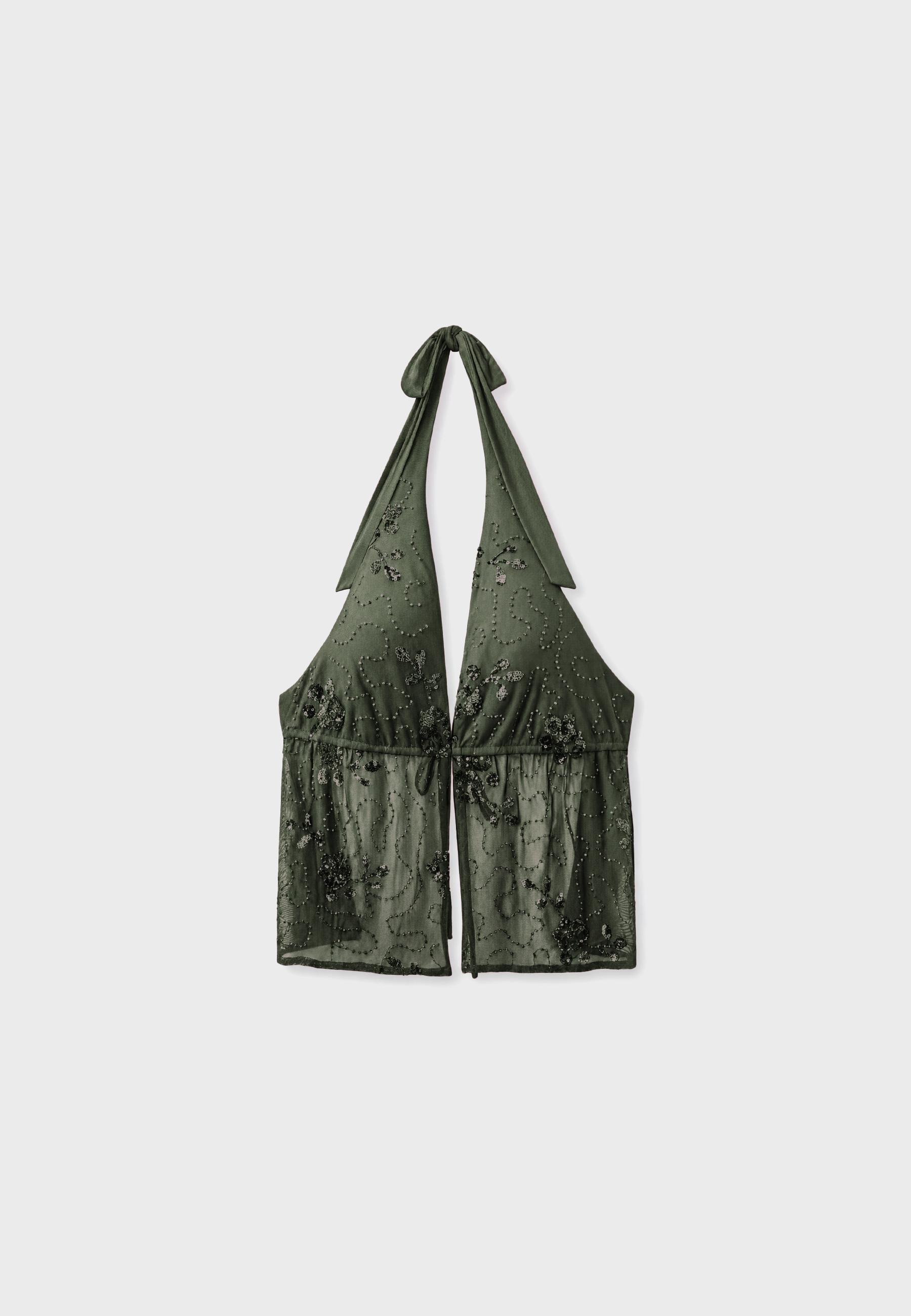 Embroidered halter top with rhinestones — Khaki