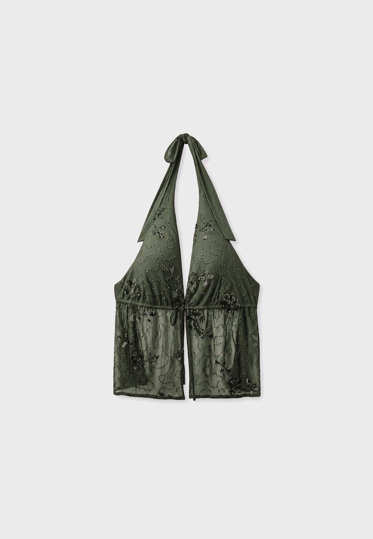 Rhinestone embroidered halter top — Khaki