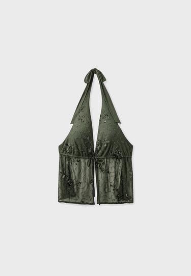 Rhinestone embroidered halter top — Khaki 7