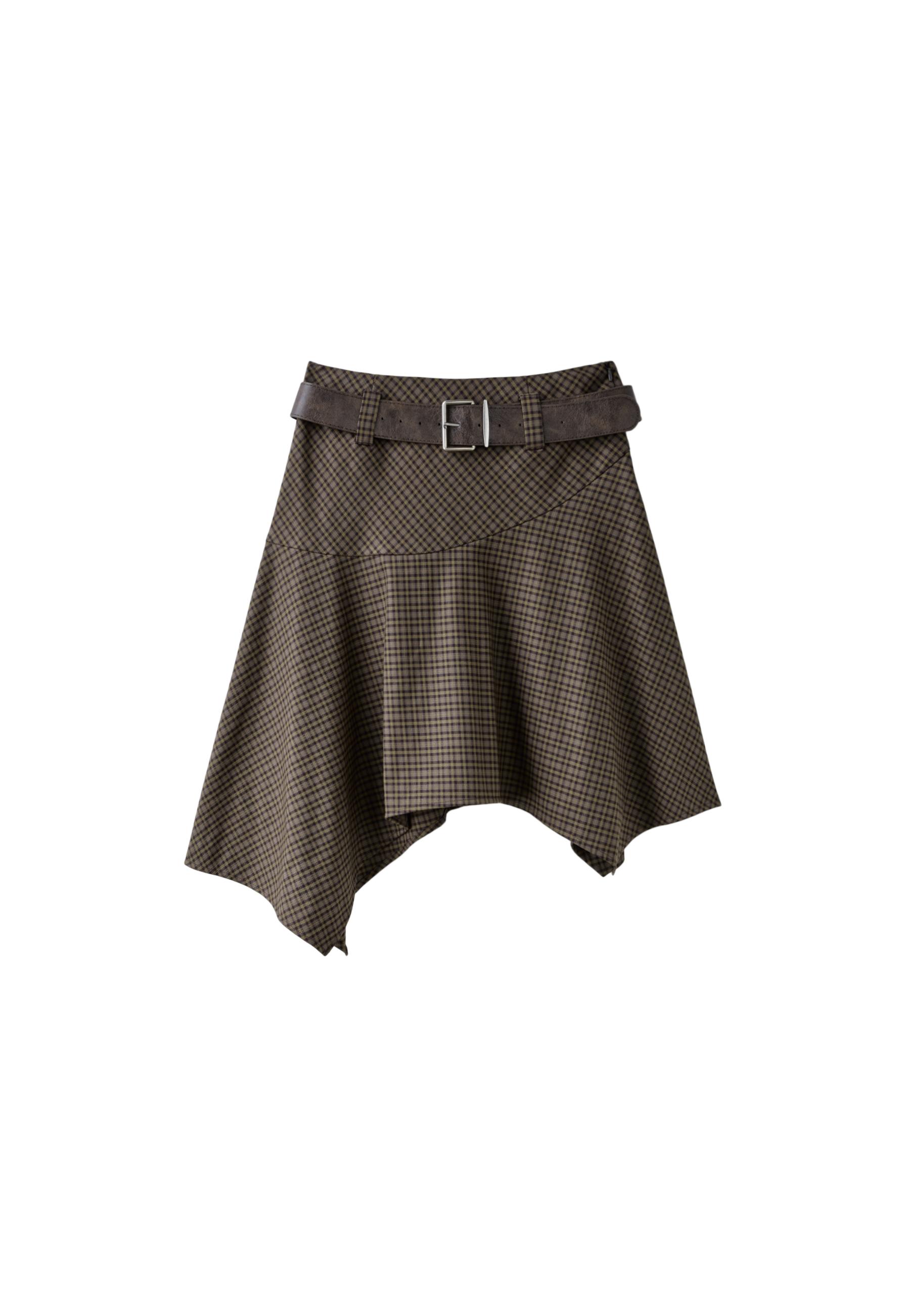 Check skirt with belt — Beige