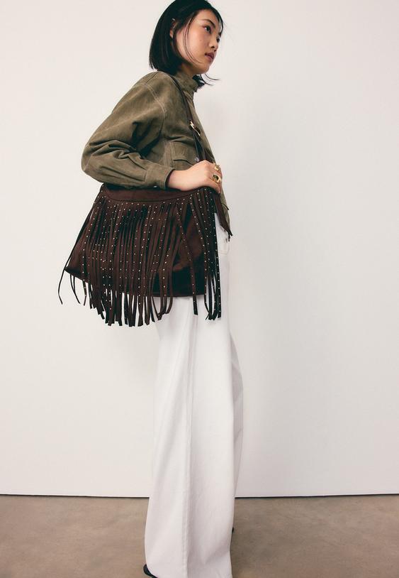 Stradivarius Soft-Touch Shoulder Bag With Fringe Detail Brown Os