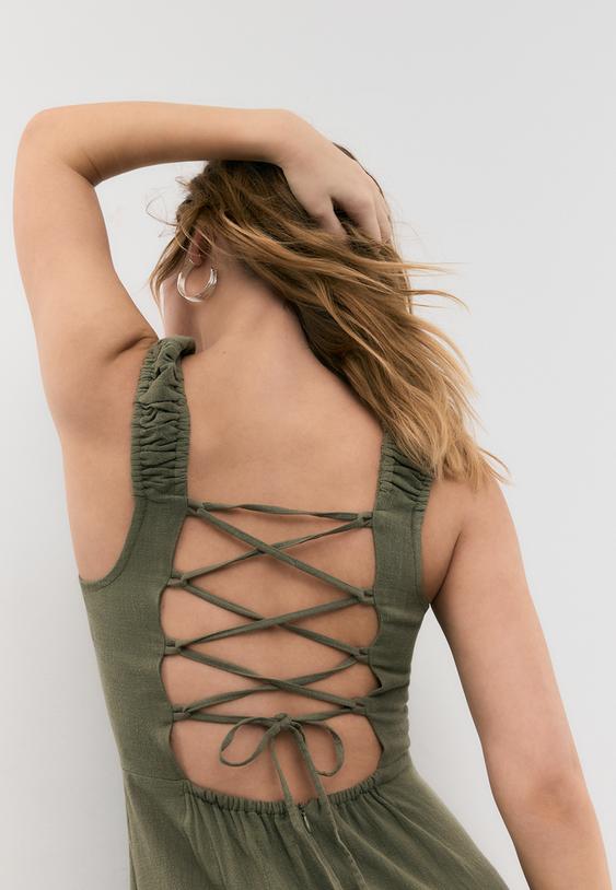 Stradivarius Linen-Look Cross-Back Midi Dress Khaki Xs