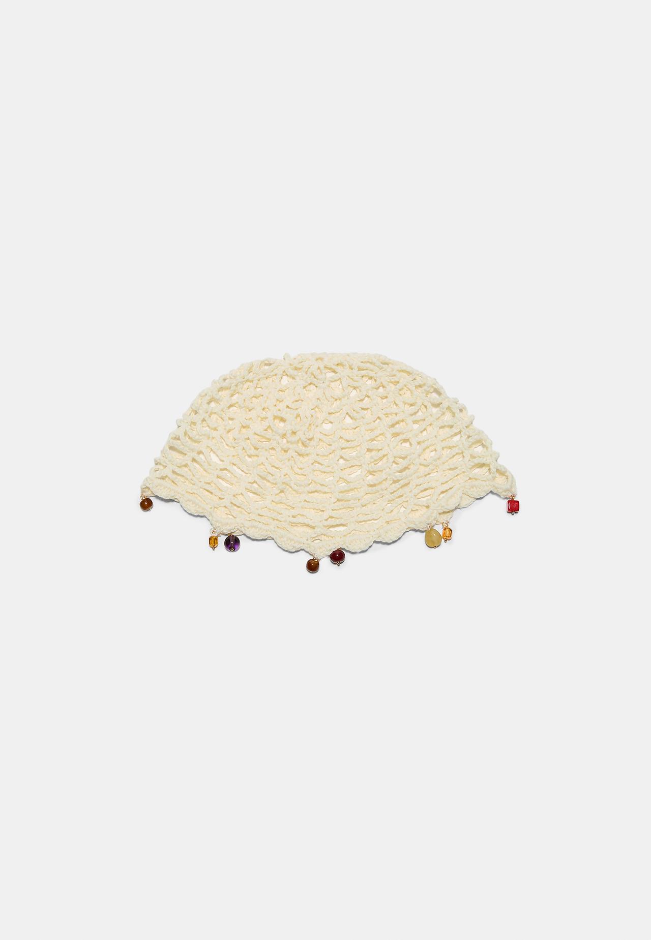 Beaded crochet beanie — Ecru