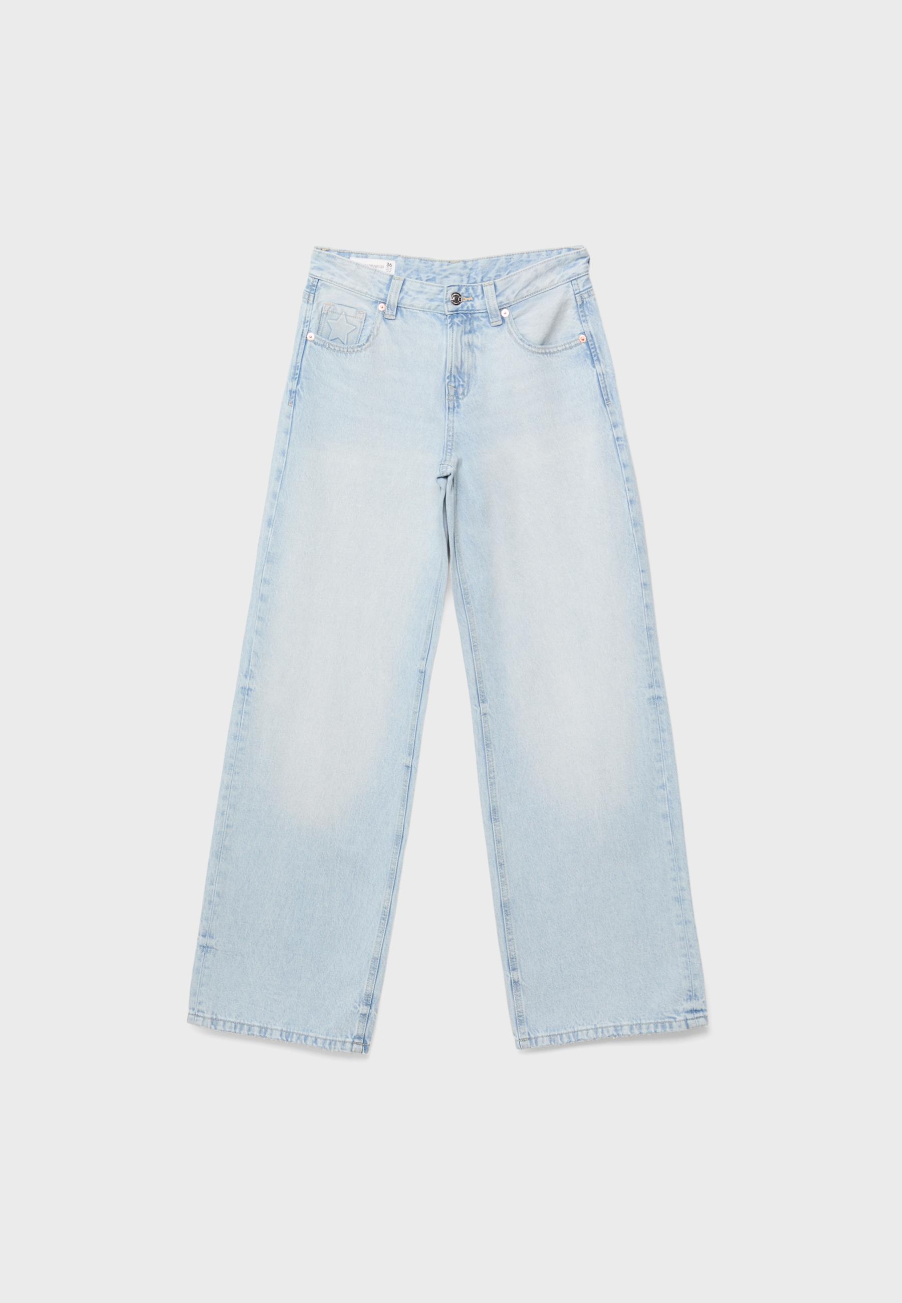 Low-rise wide-leg jeans with star detail — MEDIUM LIGHT BLUE DENIM