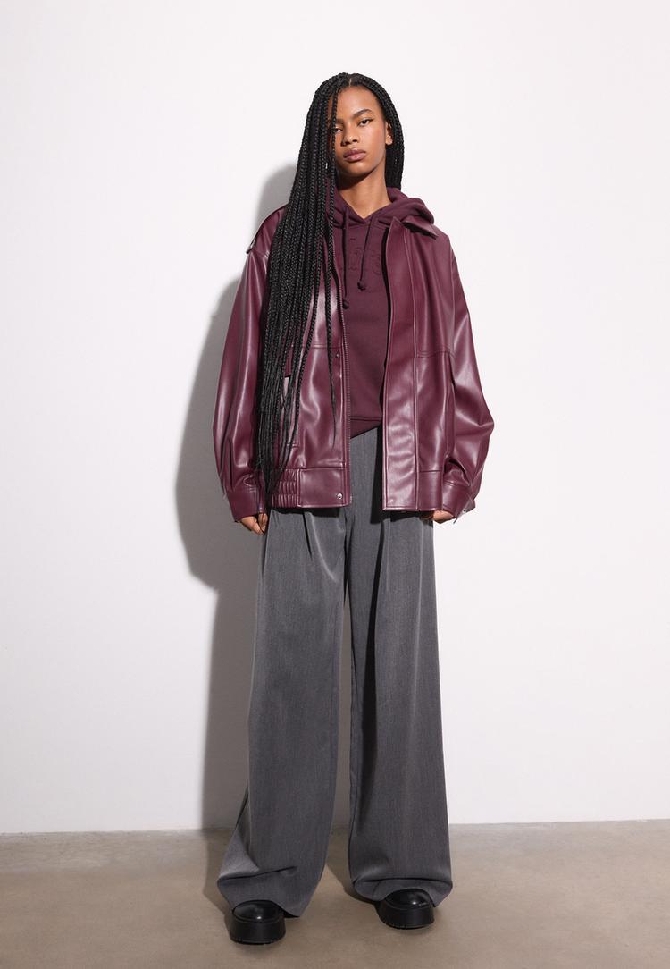 Stradivarius Oversize Τζάκετ Biker Με Όψη Δέρματος Γκρενά S