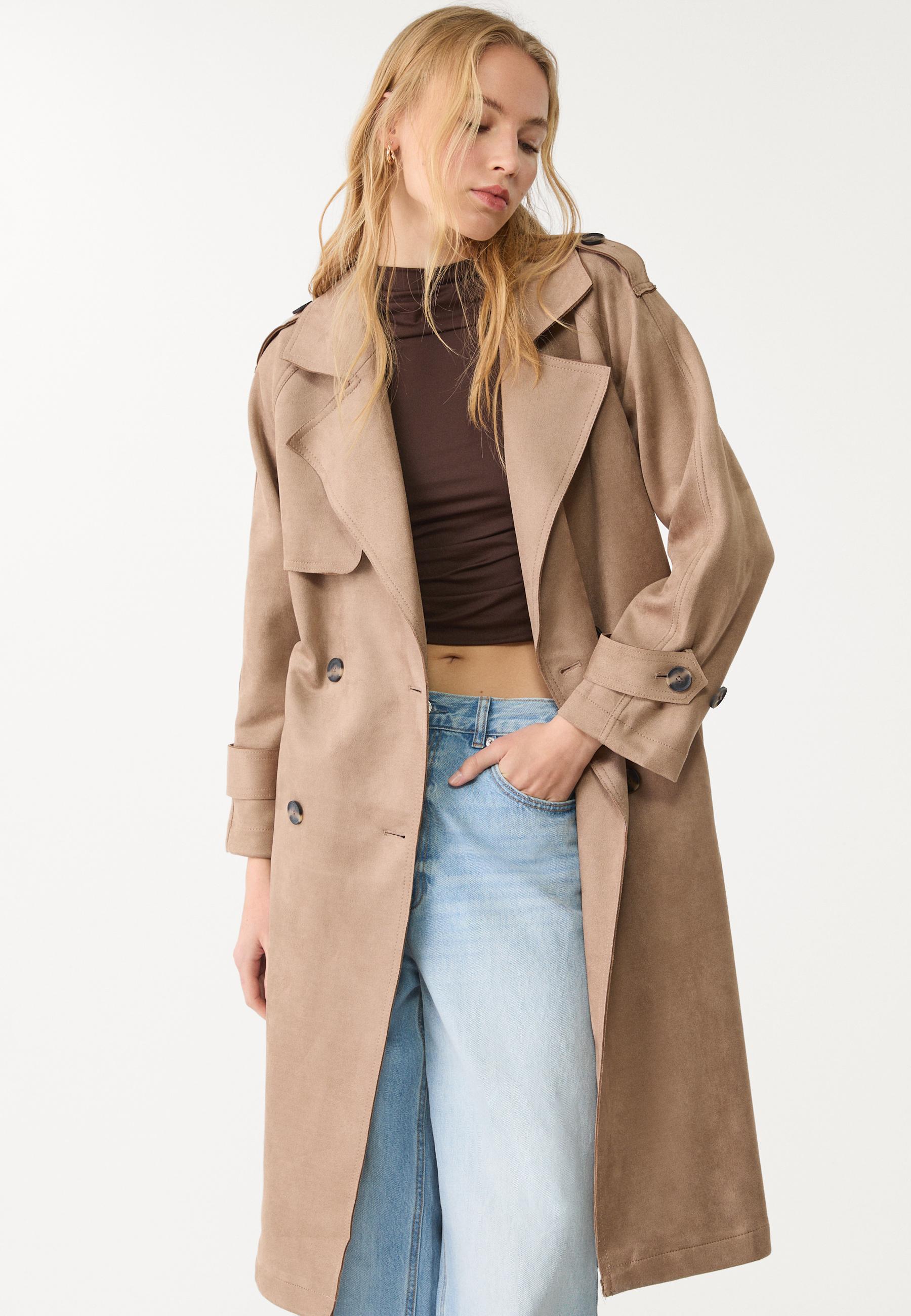 Long faux suede trench coat - Women's fashion | Stradivarius