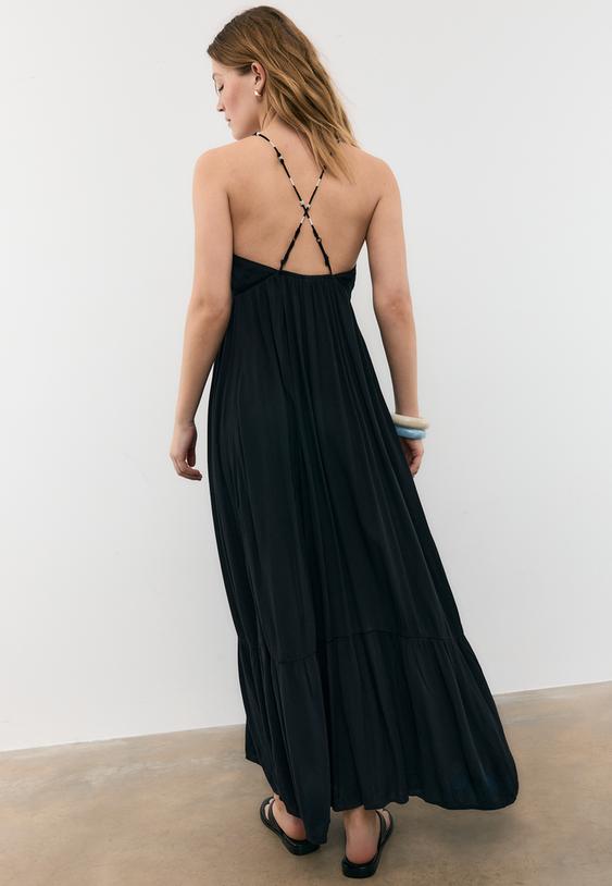 Stradivarius Long Crepe Dress With Beaded Straps Black M