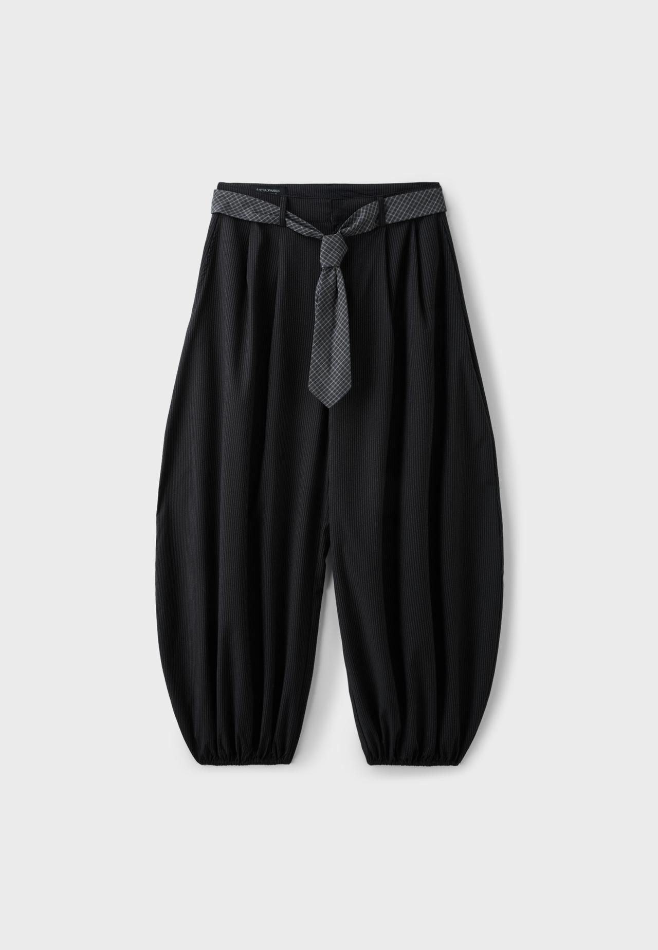 Voluminous sarouel trousers with tie belt — Black