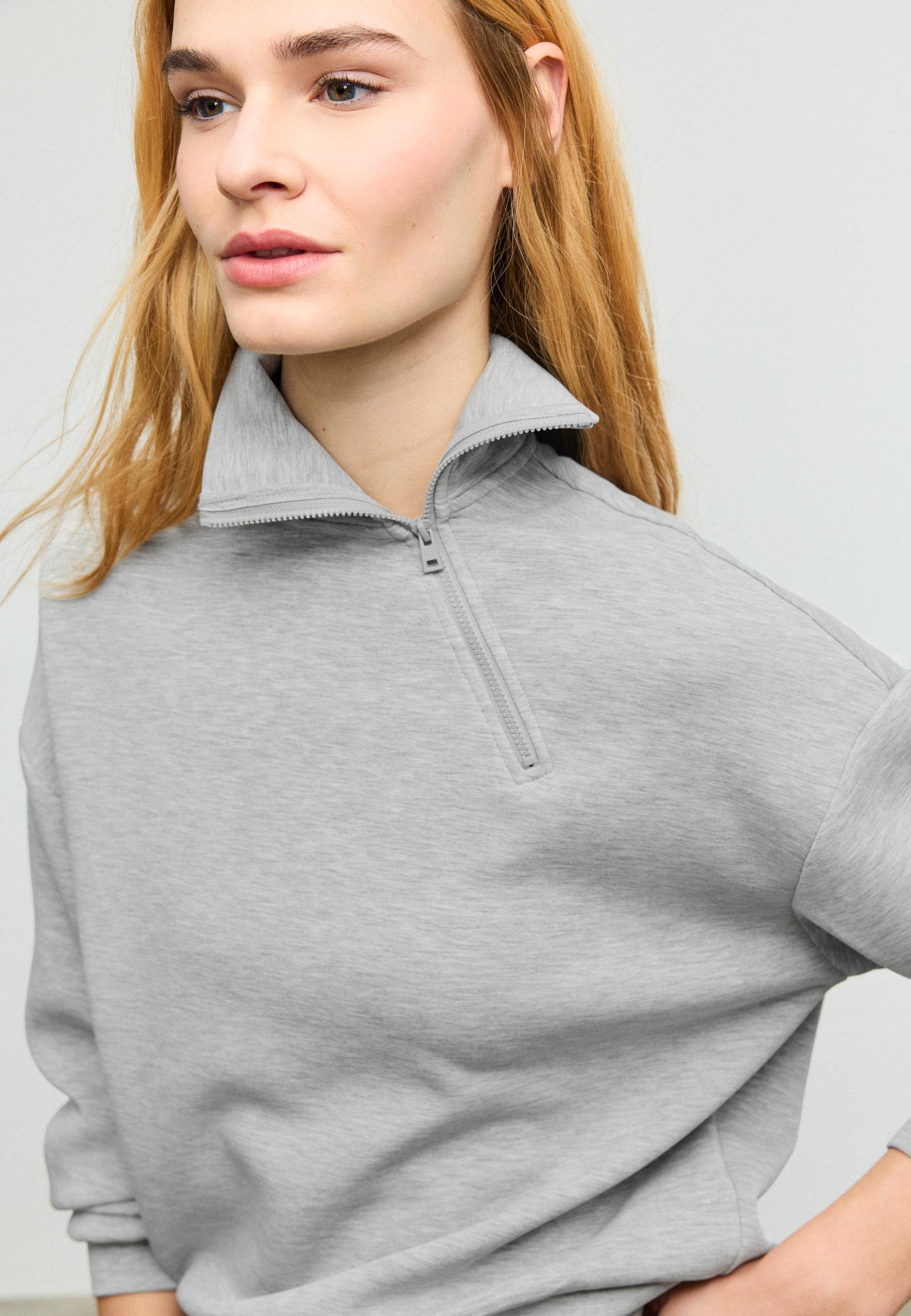 Soft-touch sweatshirt with side zip — Grey melange