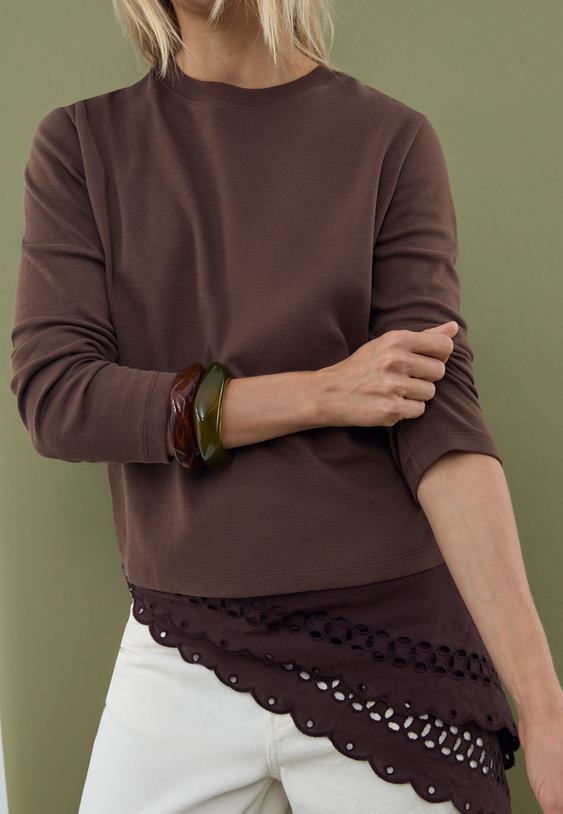 Stradivarius Βασικό Βαμβακερό Μπλουζάκι Κανονικής Γραμμής Καφέ M