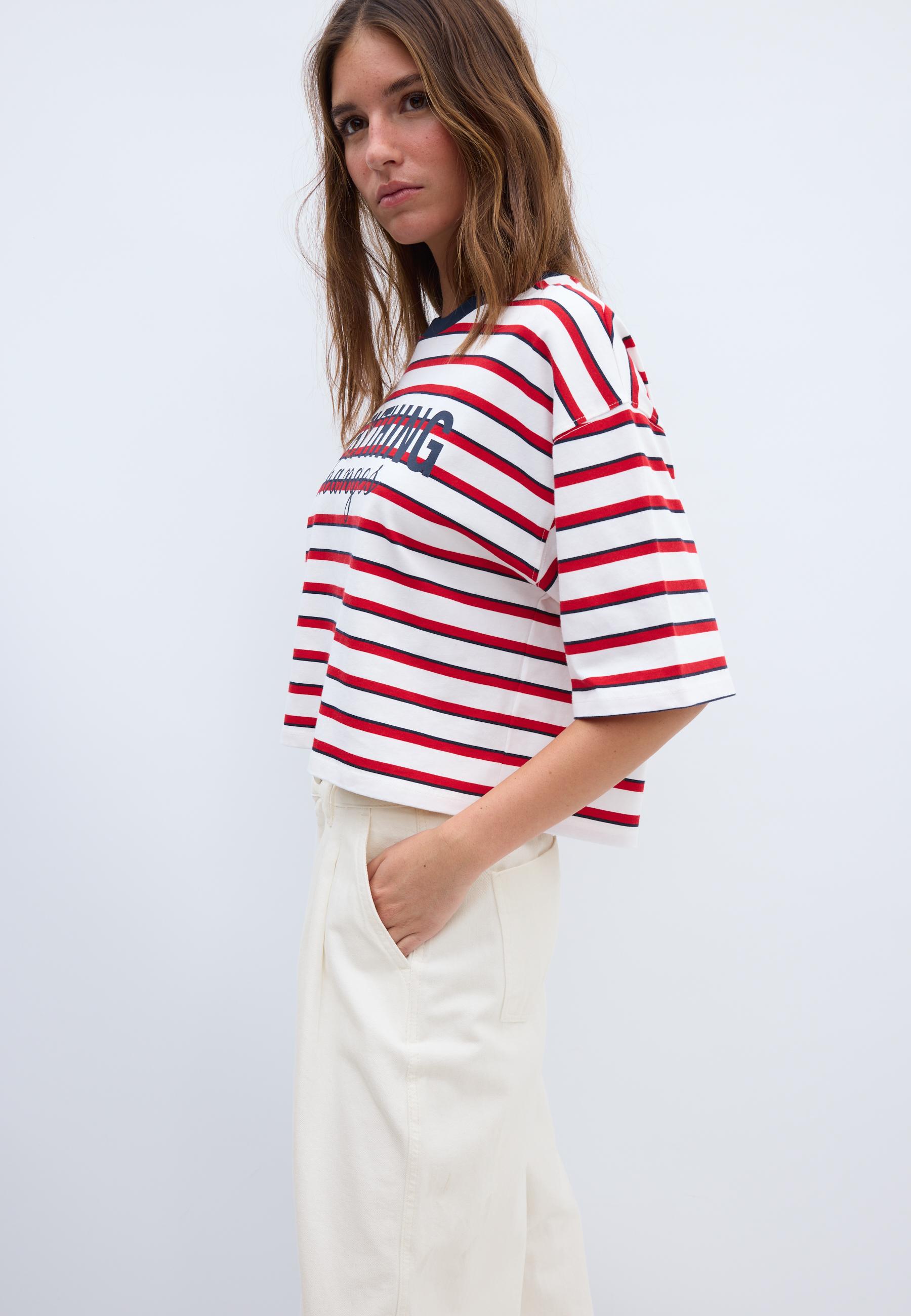 Printed striped short sleeve T-shirt — Red