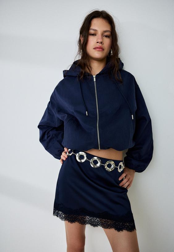 sateen mini skirt with lace trim