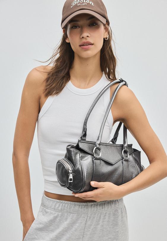 Stradivarius Elongated Shoulder Bag With Pockets Dark Grey Os