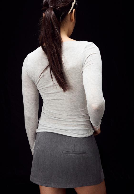 Stradivarius Langarmshirt Aus Kaschmir Mit V-Ausschnitt Grau Melange M