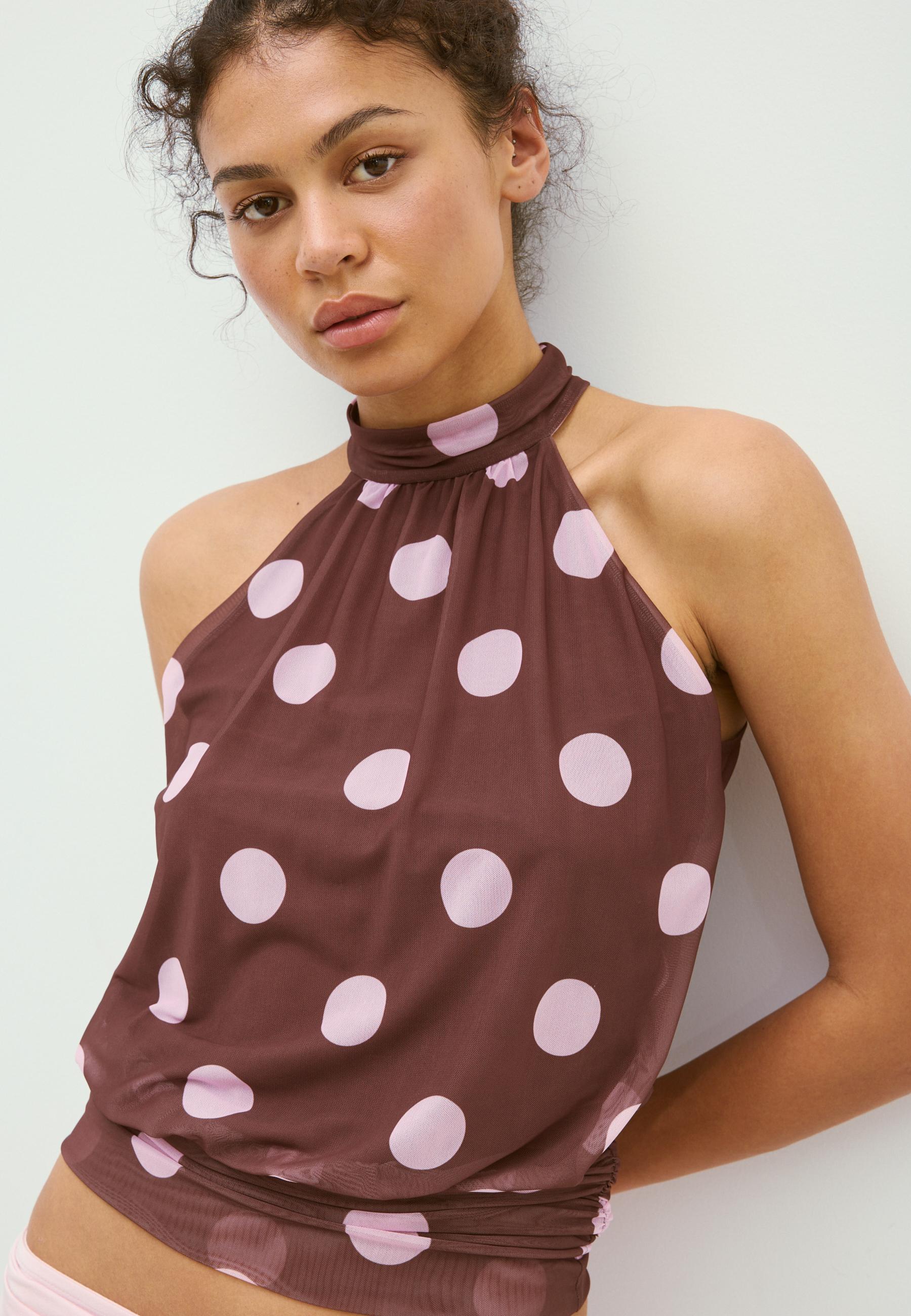 Puff mesh print halter top — Salmon pink