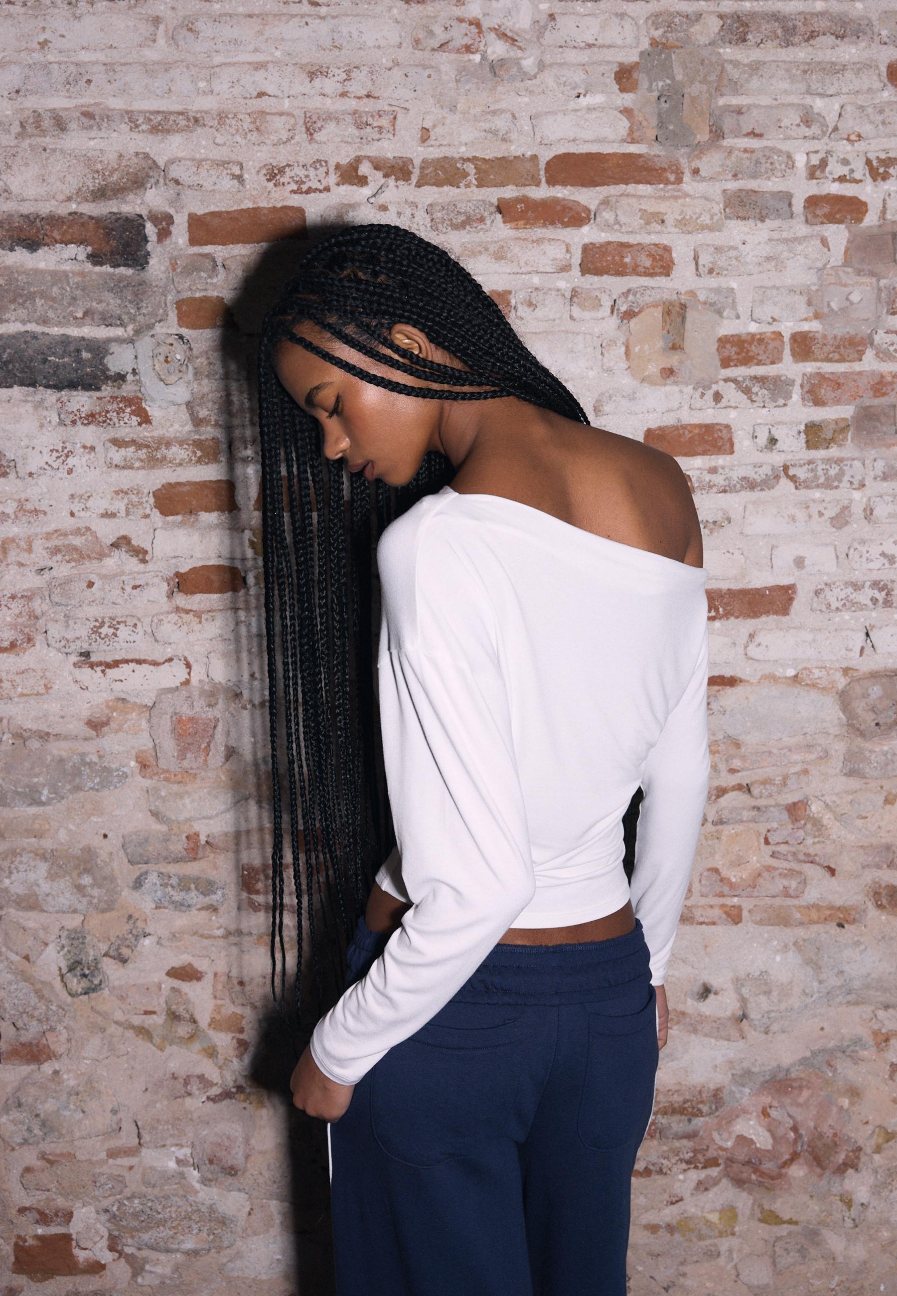 Asymmetrical neckline top — Ecru
