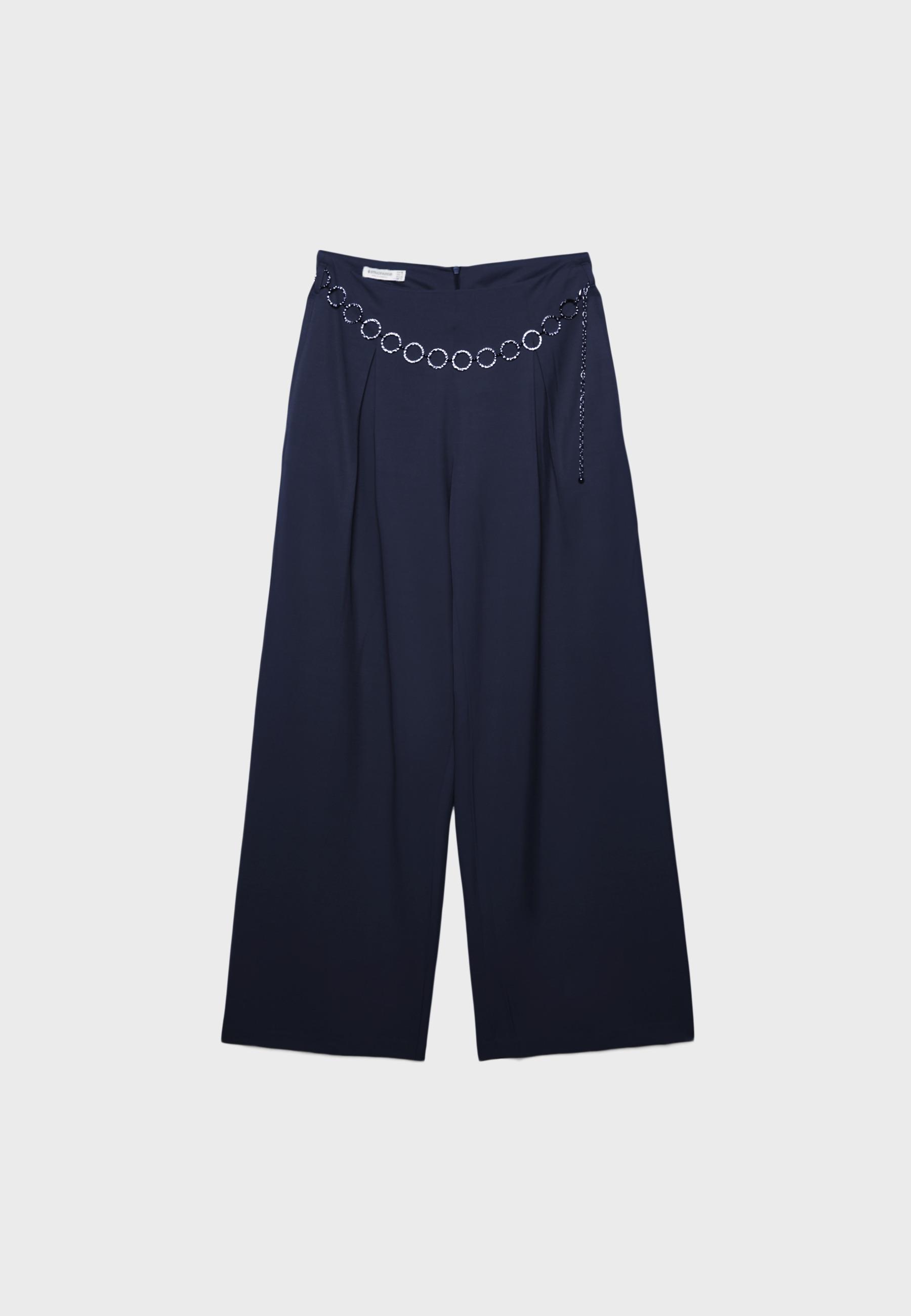 Satin darted trousers with chain belt — Navy blue