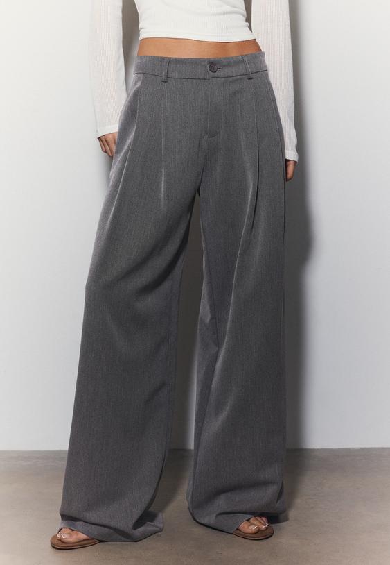 Stradivarius Wide-Leg Tailored Trousers With Darts Dark Grey 12