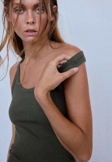 Cotton ribbed racerback T-shirt — Khaki 4