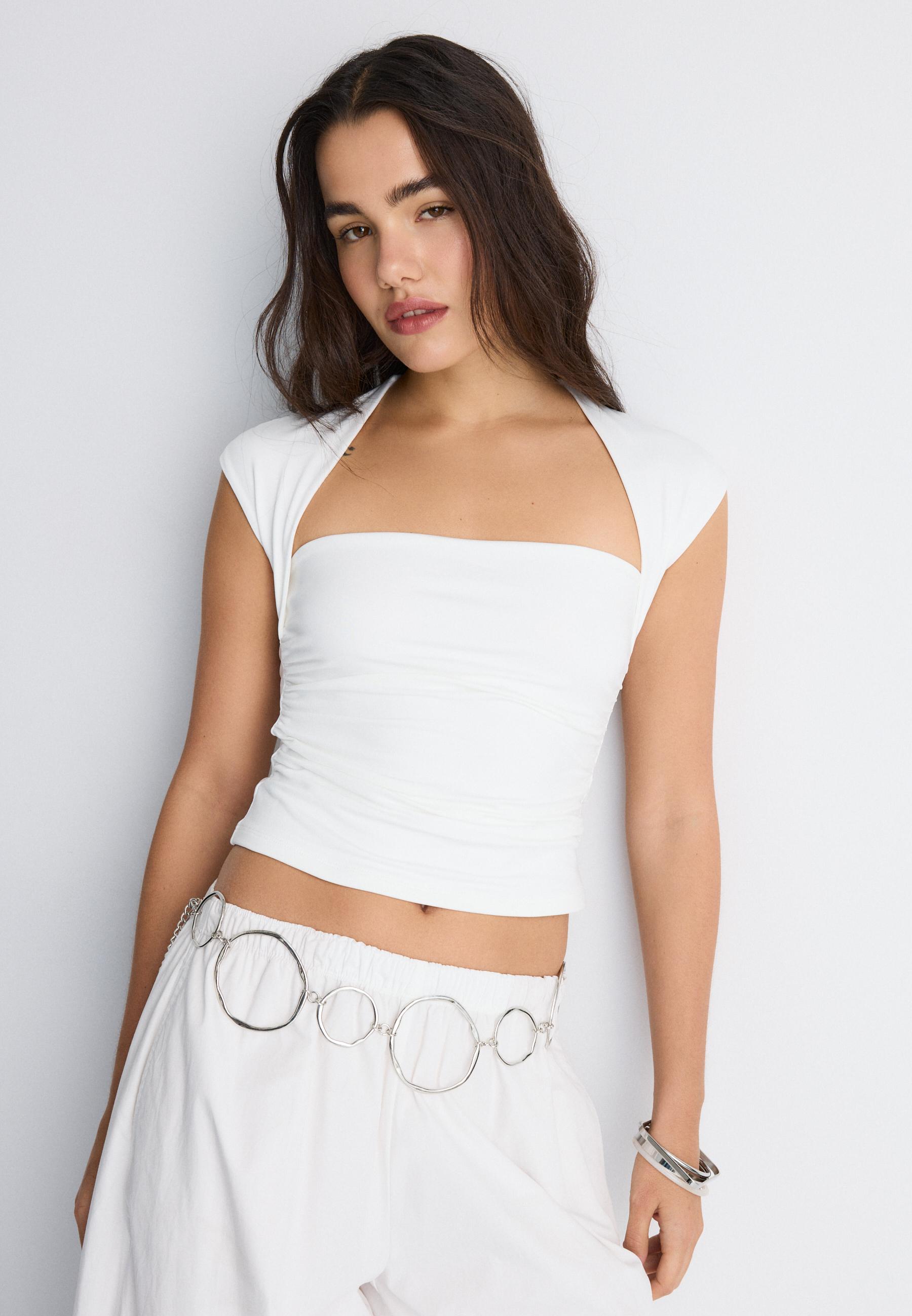 Polyamide Ruched Square Neck T-Shirt — Ecru