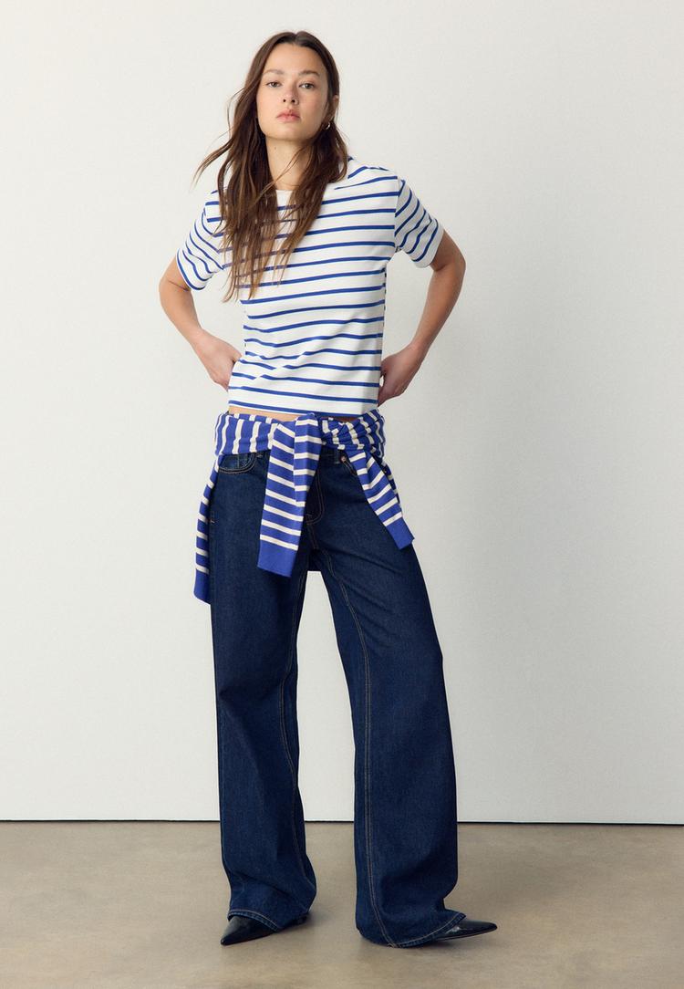 Stradivarius Tricou Basic Regular Fit Heavy Weight Cu Dungi Albastru Electric S