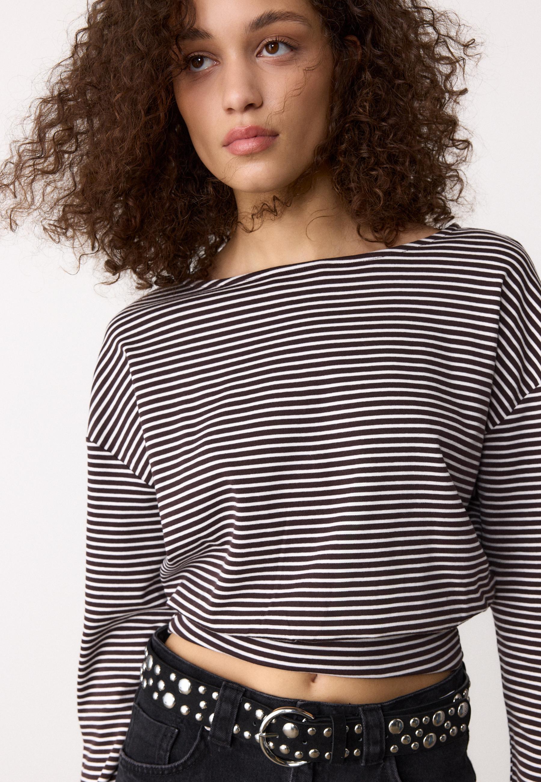 Long sleeve boat neck T-shirt with striped sash - Women's fashion