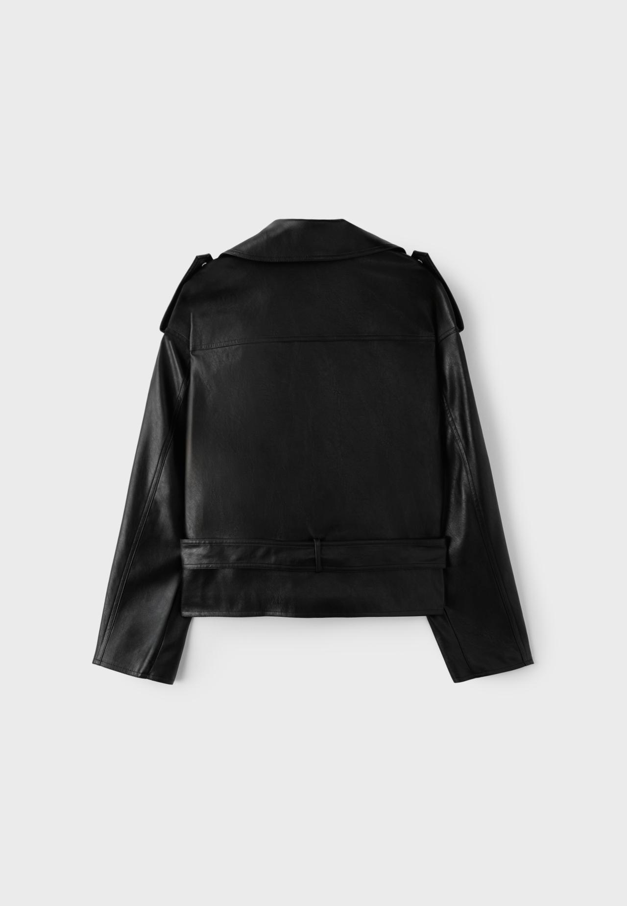 Leather effect biker jacket with belt — Black