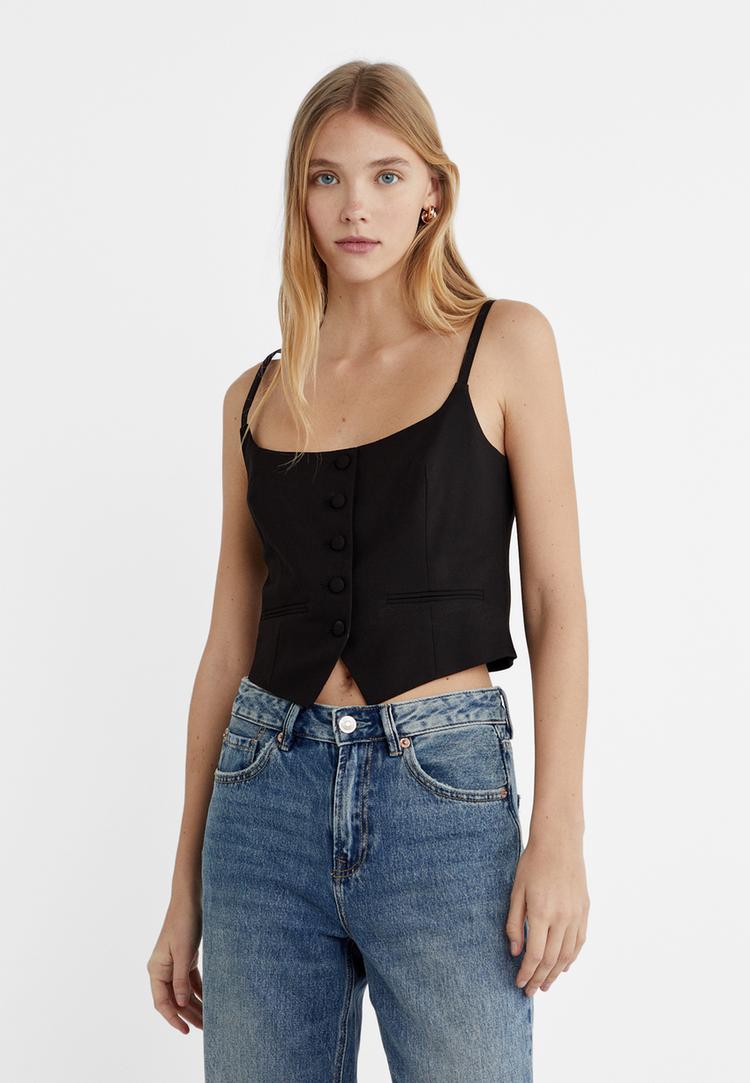 Stradivarius Top Elegant Cu Nasturi Negru S