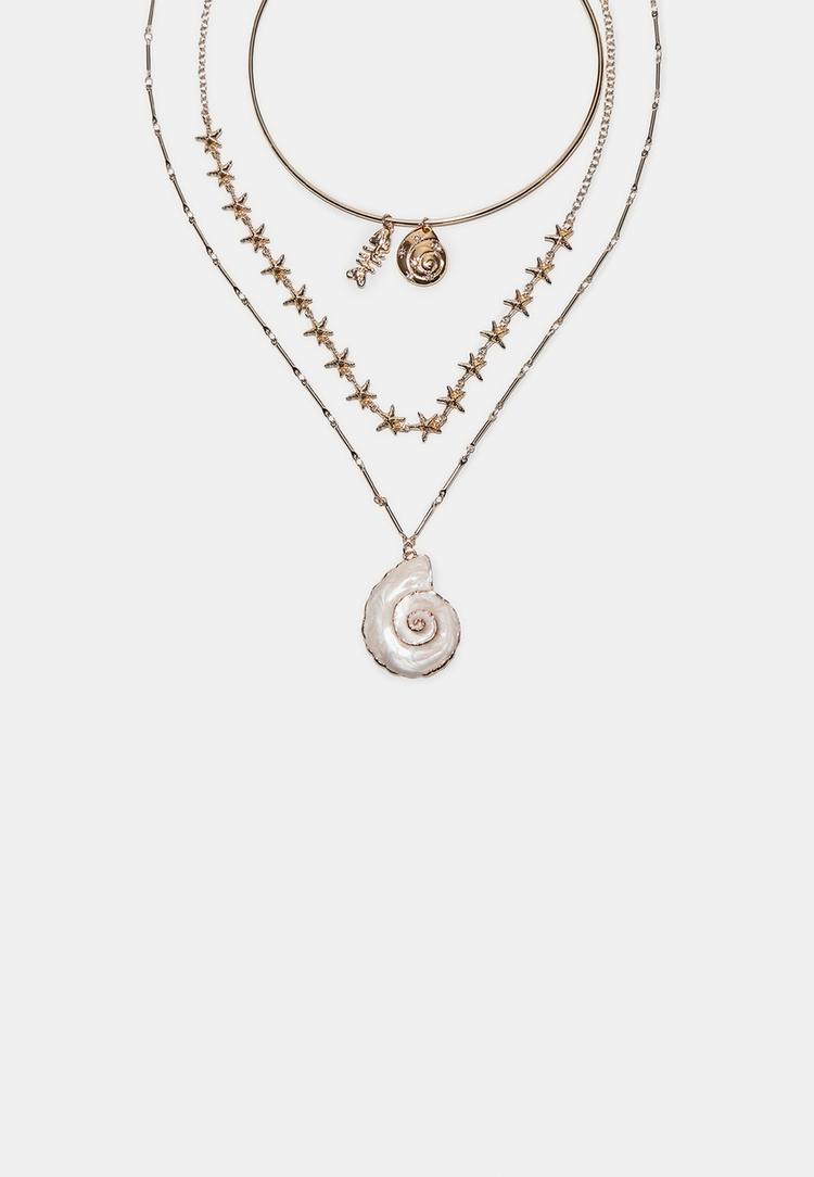 Stradivarius Σετ 3 Κολιέ Με Μενταγιόν Κοχύλι Χρυσαφί Os