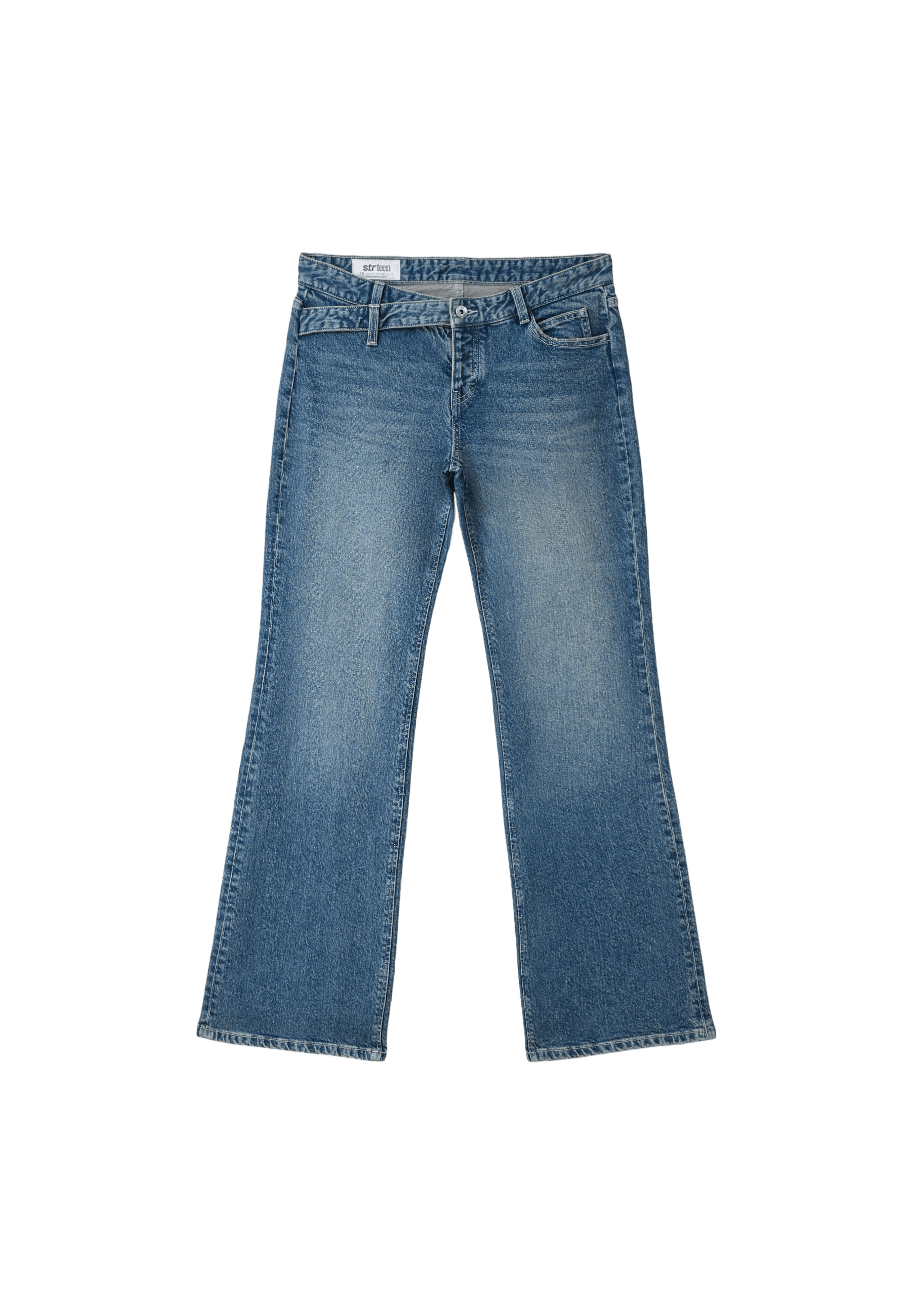 Crossover waistband bell bottom jeans — MEDIUM BLUE DENIM