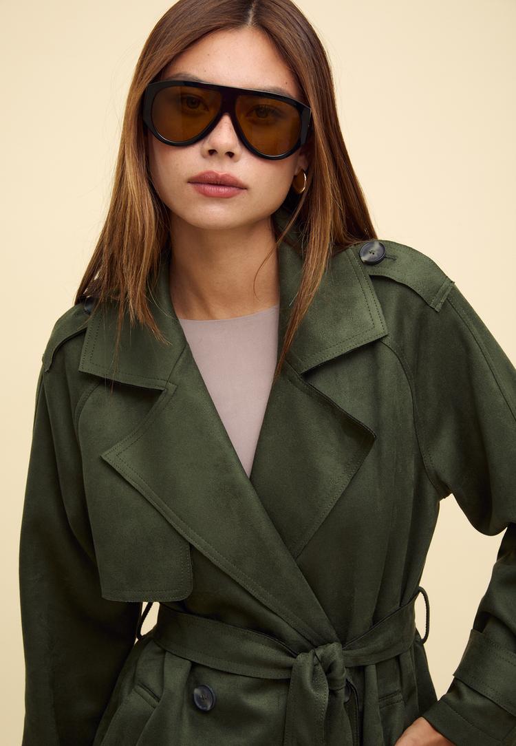 long faux suede trench coat