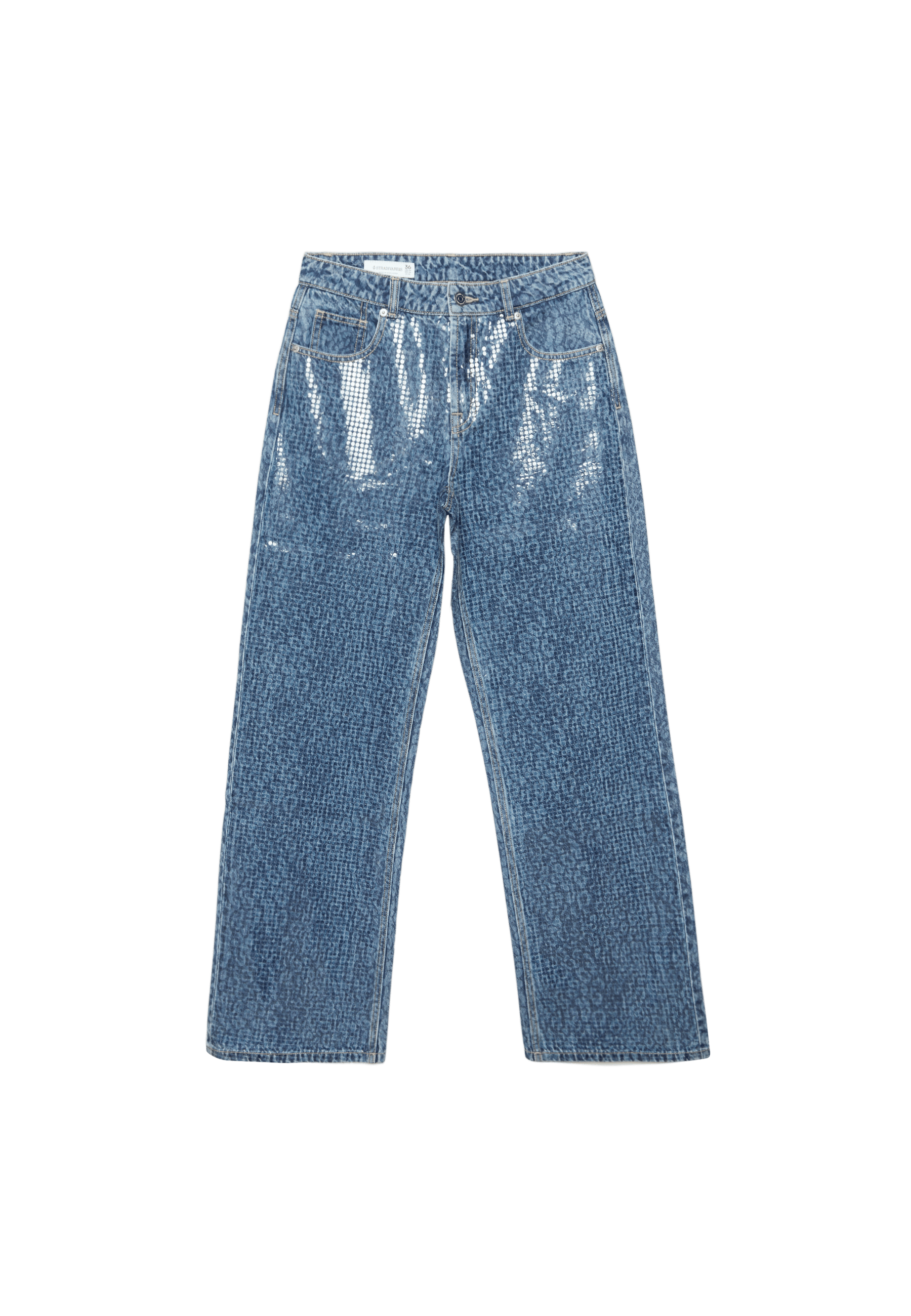 Leopard print straight-leg jeans with rhinestones — MEDIUM BLUE DENIM