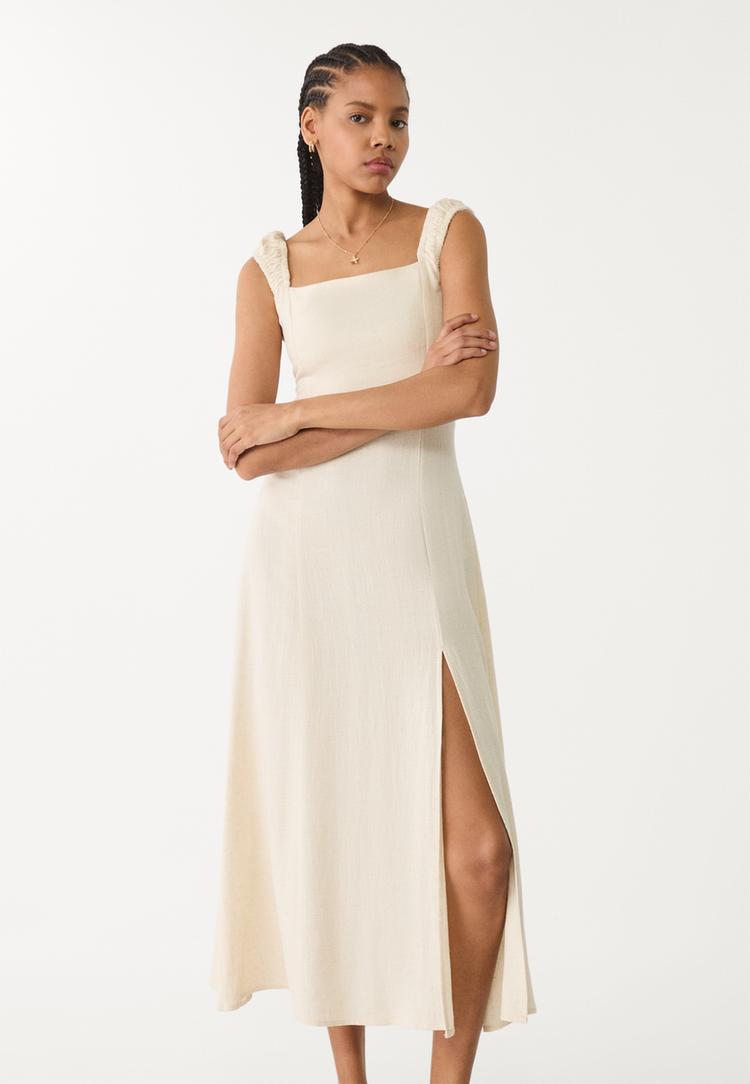 vestido fluido midi cruzado espalda con lino