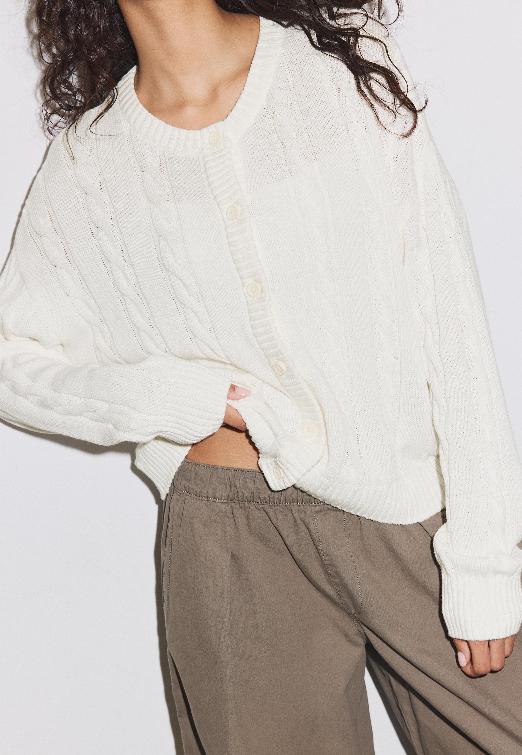 Button-up cable knit cardigan — Ecru