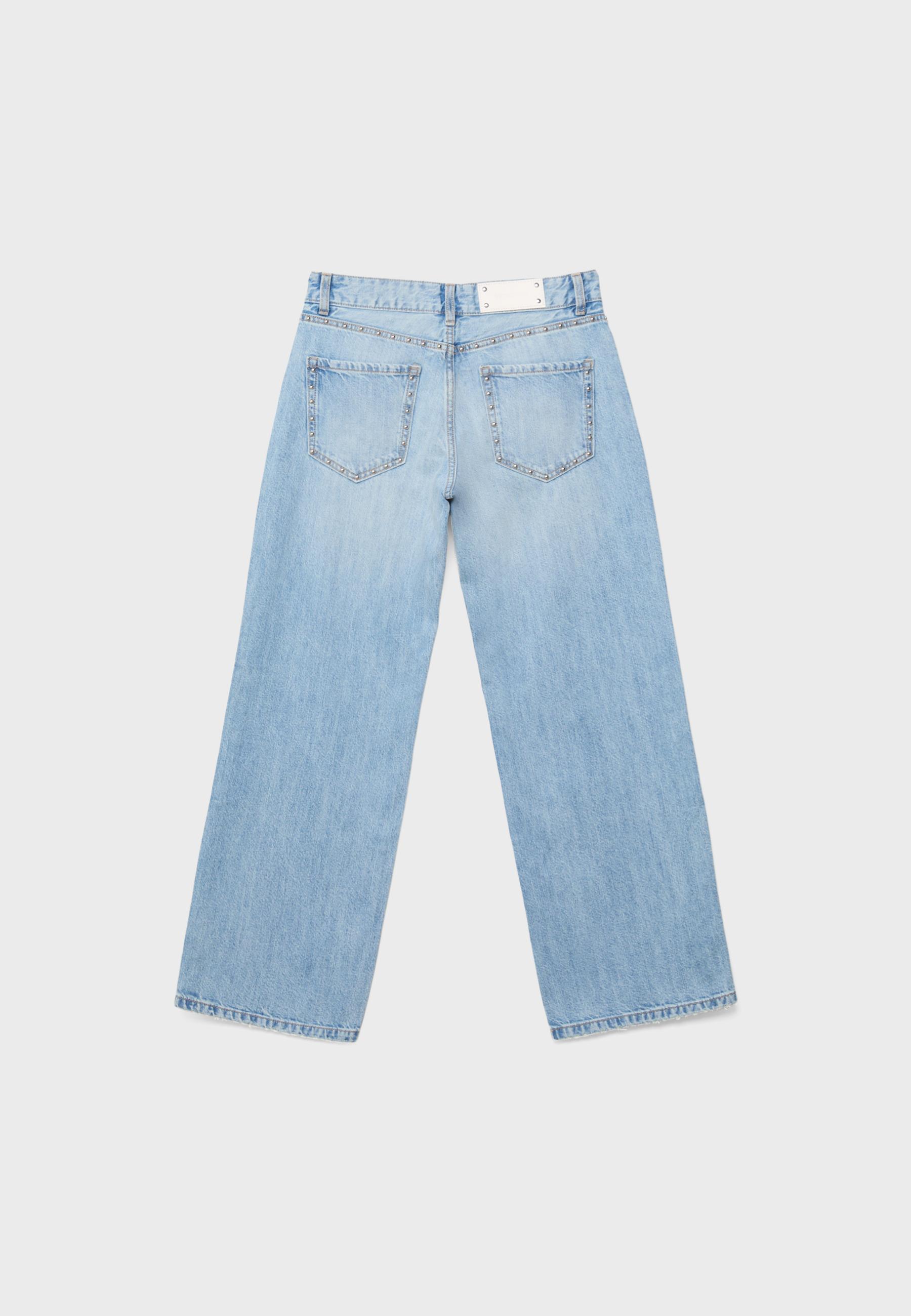 Wide-leg loose studded jeans — MEDIUM LIGHT BLUE DENIM