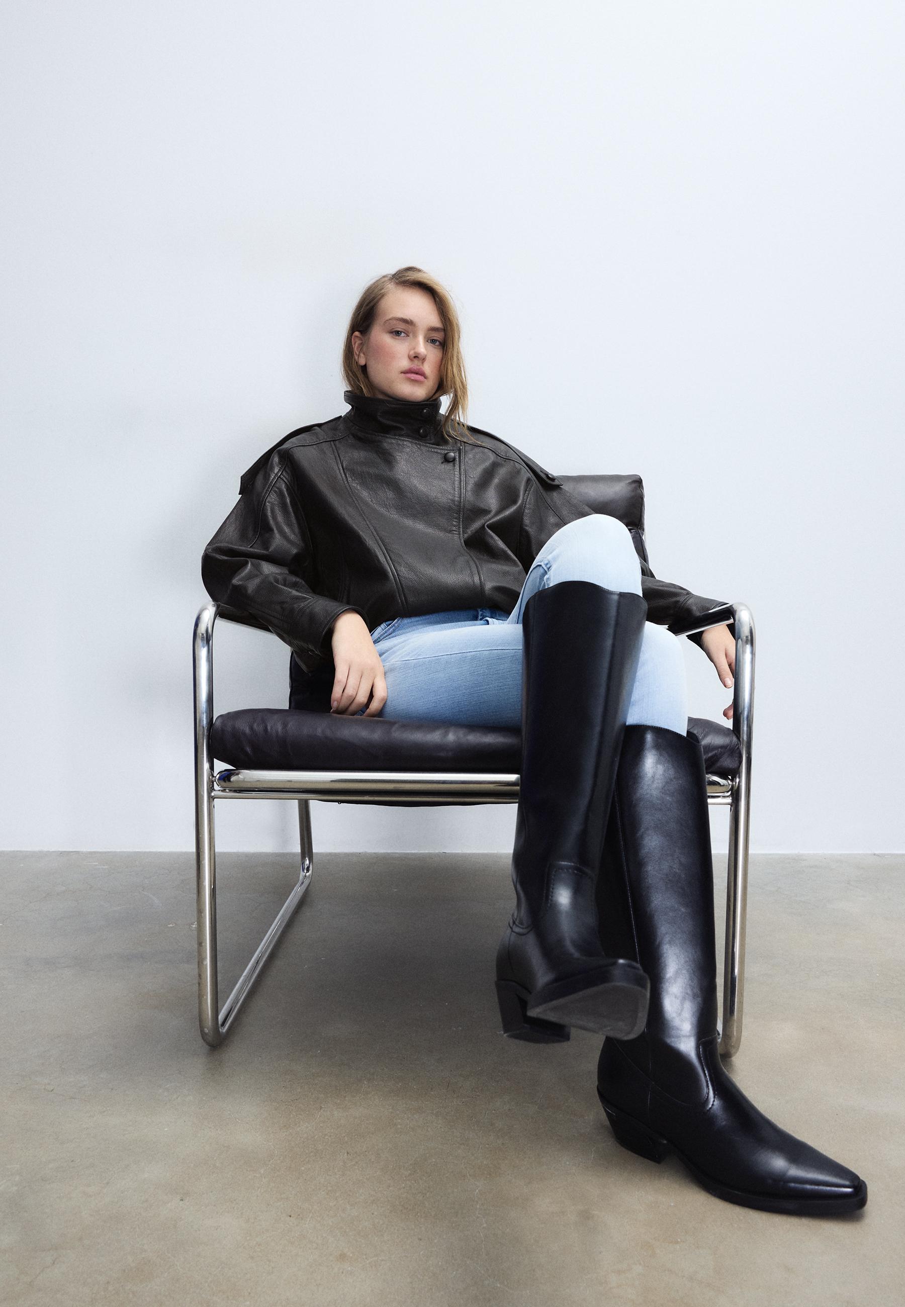 Oversize 100% leather flap jacket — Black