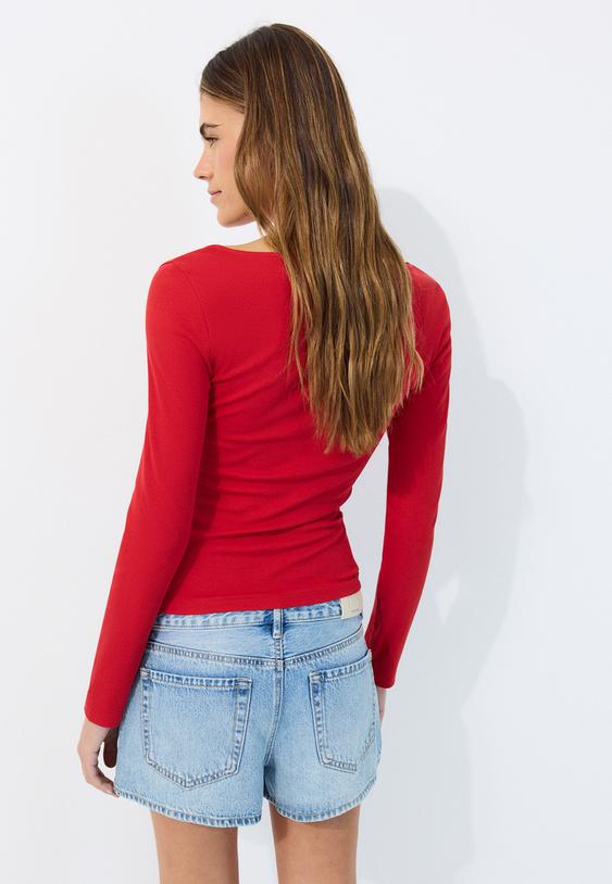 Stradivarius Long Sleeve T-Shirt With Gathering Dark Red L