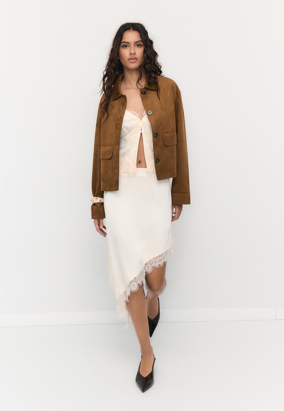 Stradivarius Faux Suede Jacket With Pockets Pale Camel Xl