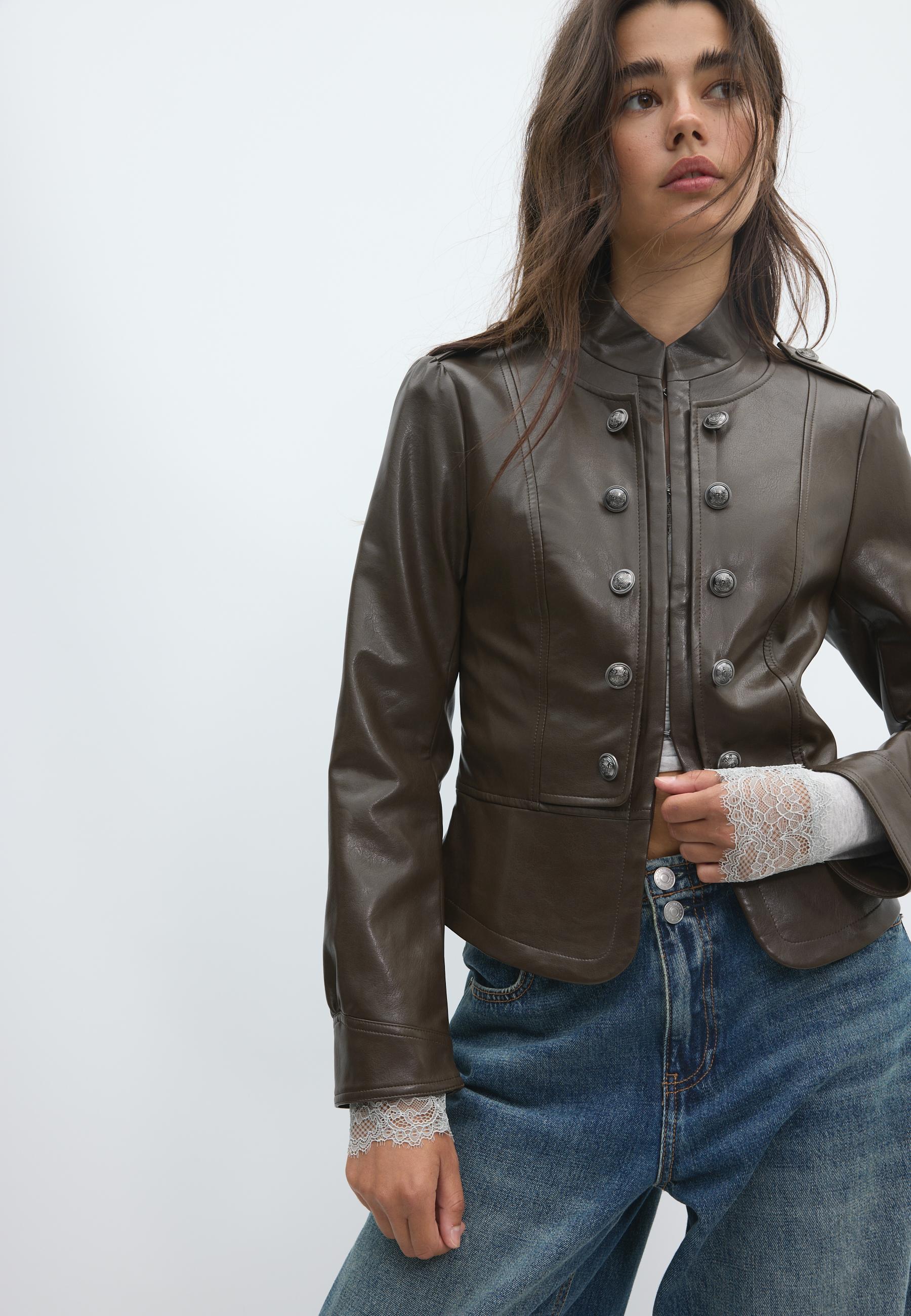 Leather effect blazer with engraved buttons — Khaki