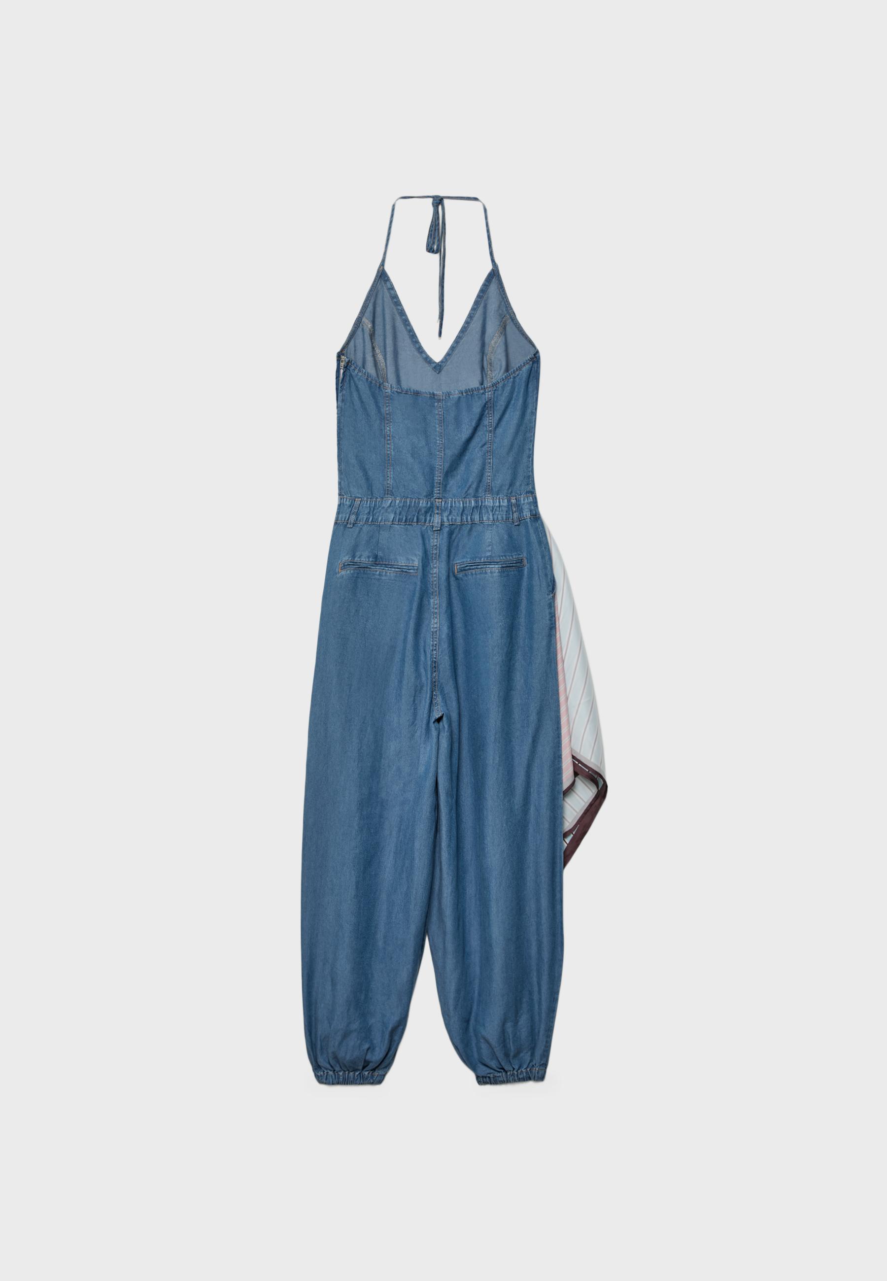 Halter denim jumpsuit with scarf