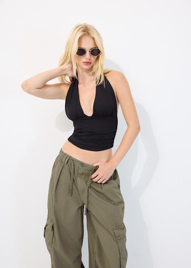 Ruched halter top with neck tie — Black 1