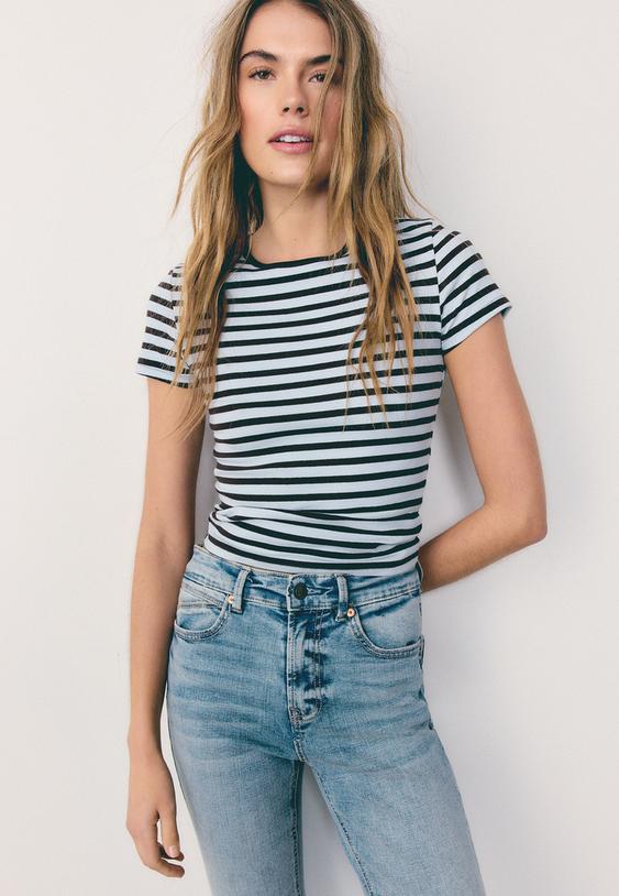 Stradivarius Basic Slim Fit Striped T-Shirt Royal Blue S