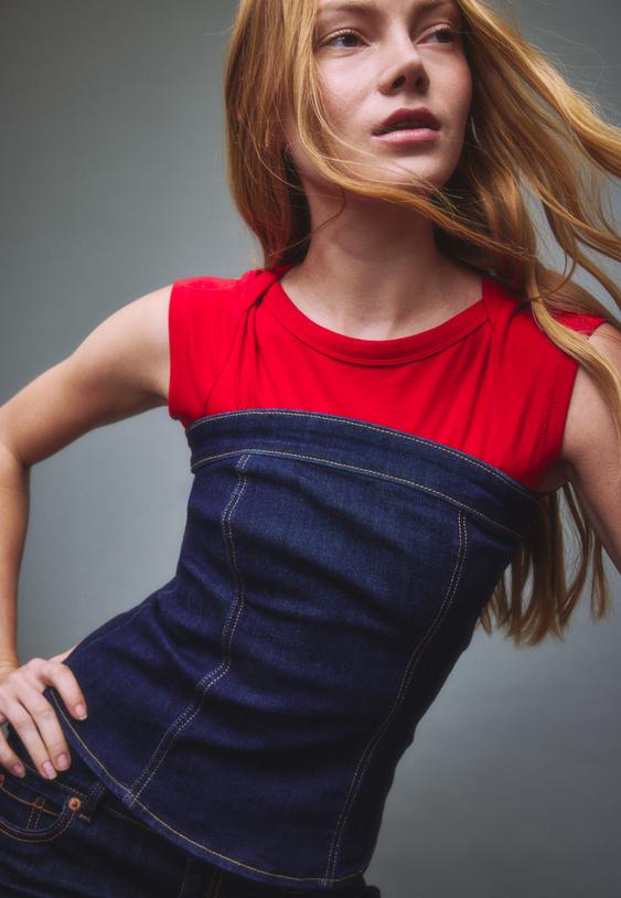 Stradivarius Denim Bandeau Top Overdyed Blue Denim L