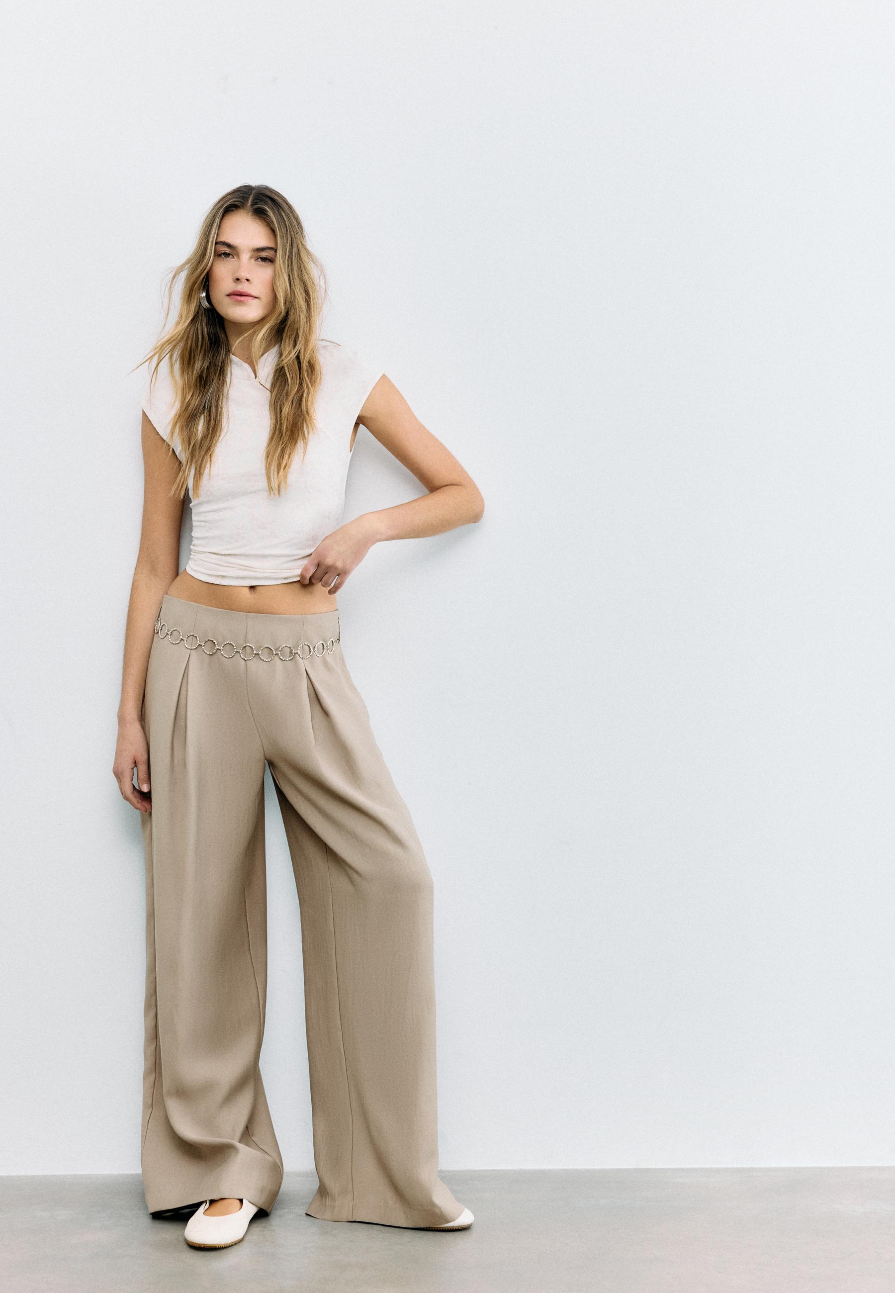 Lyocell darted trousers with chain — Brown