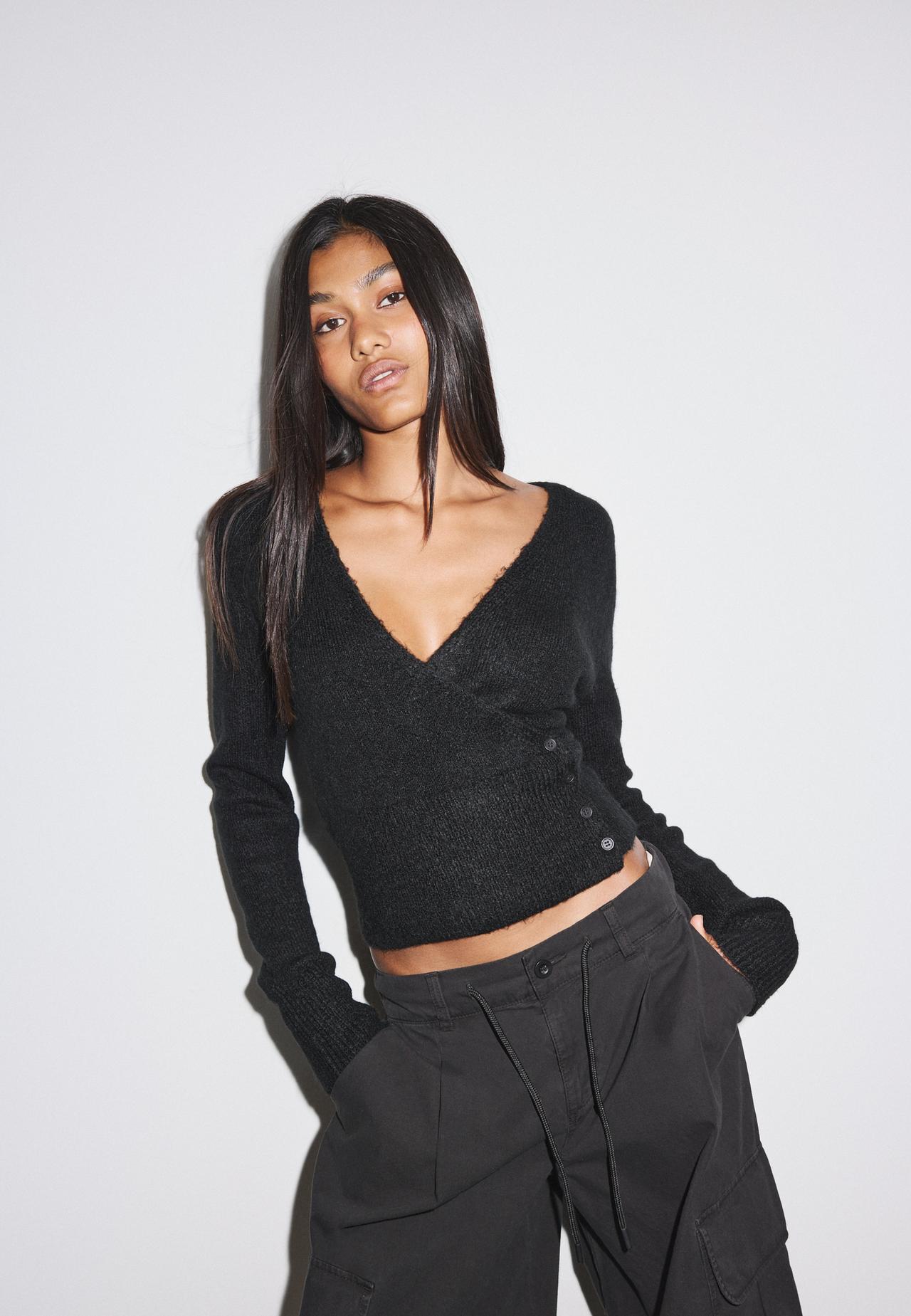 Cross-over button knit cardigan — Black